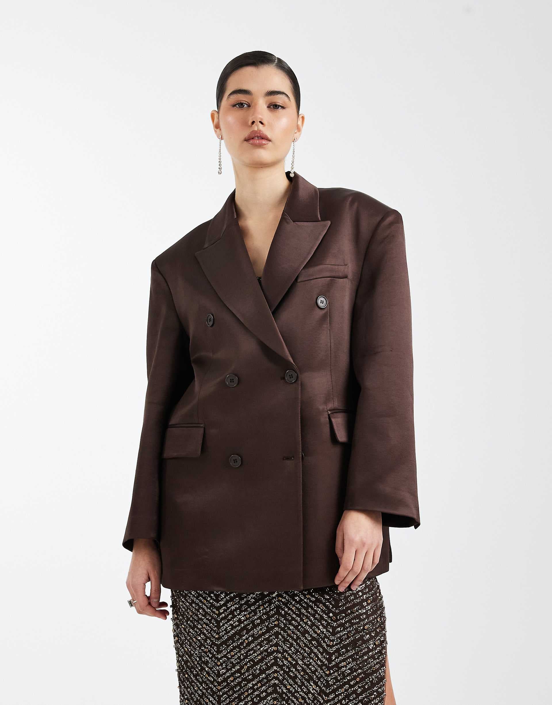 ASOS DESIGN oversized double breasted satin blazer in chocolate brown