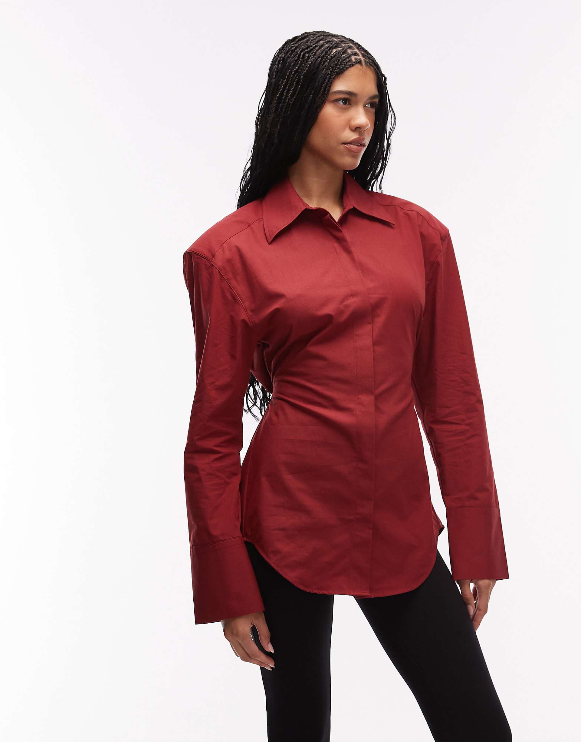 ASOS DESIGN cinched shoulder pad tie back shirt in red