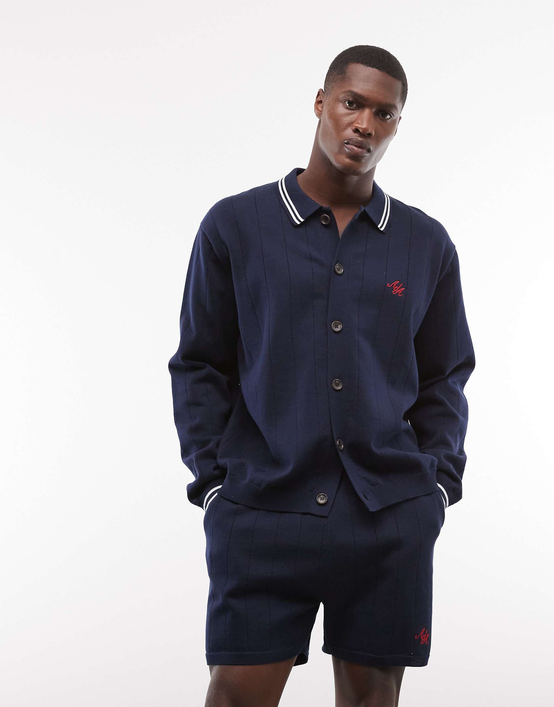 Alma De Ace pluto button up collar cardigan in navy jacquard - part of a set