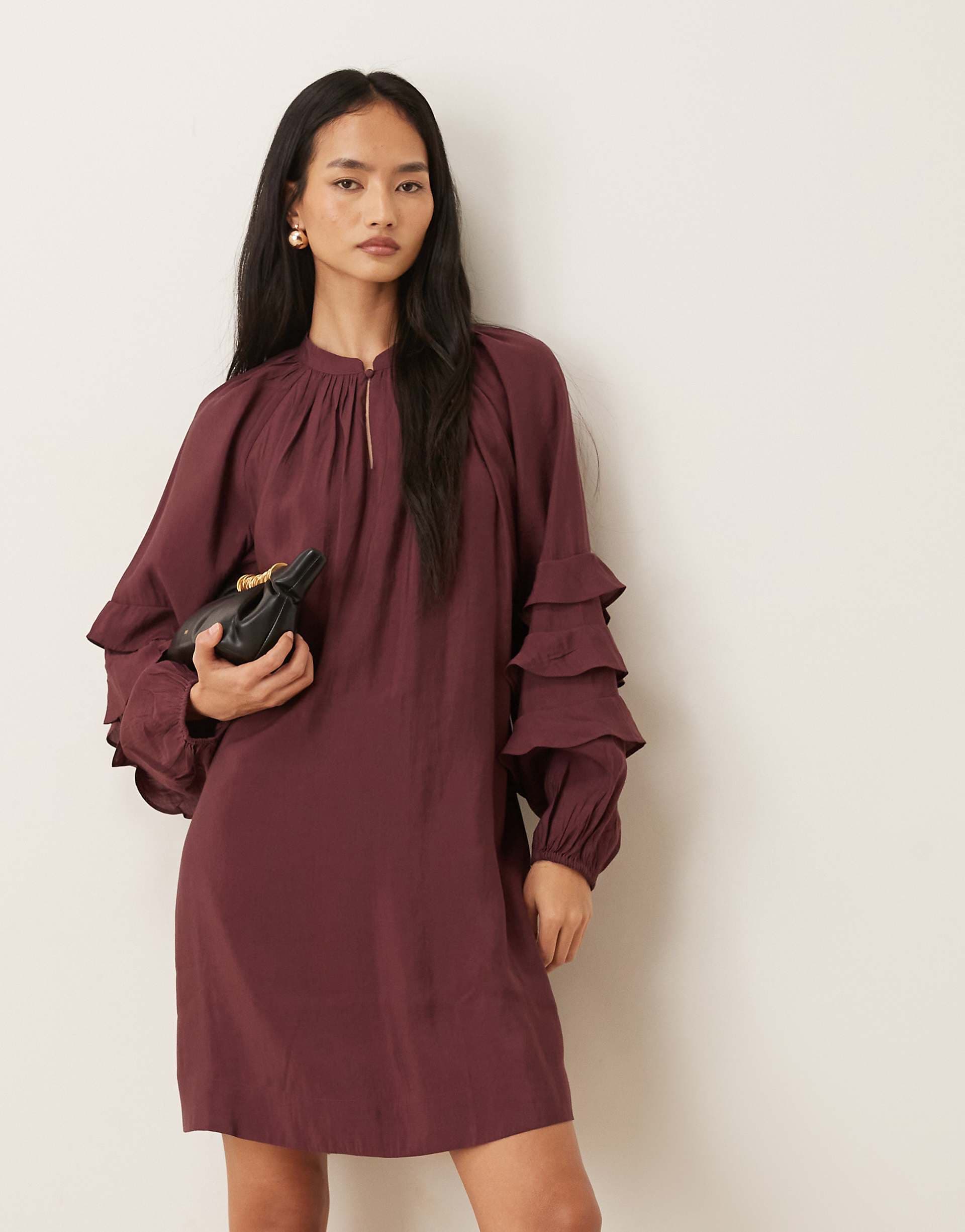 YAS boho ruffle sleeve mini dress with tie waist in burgundy