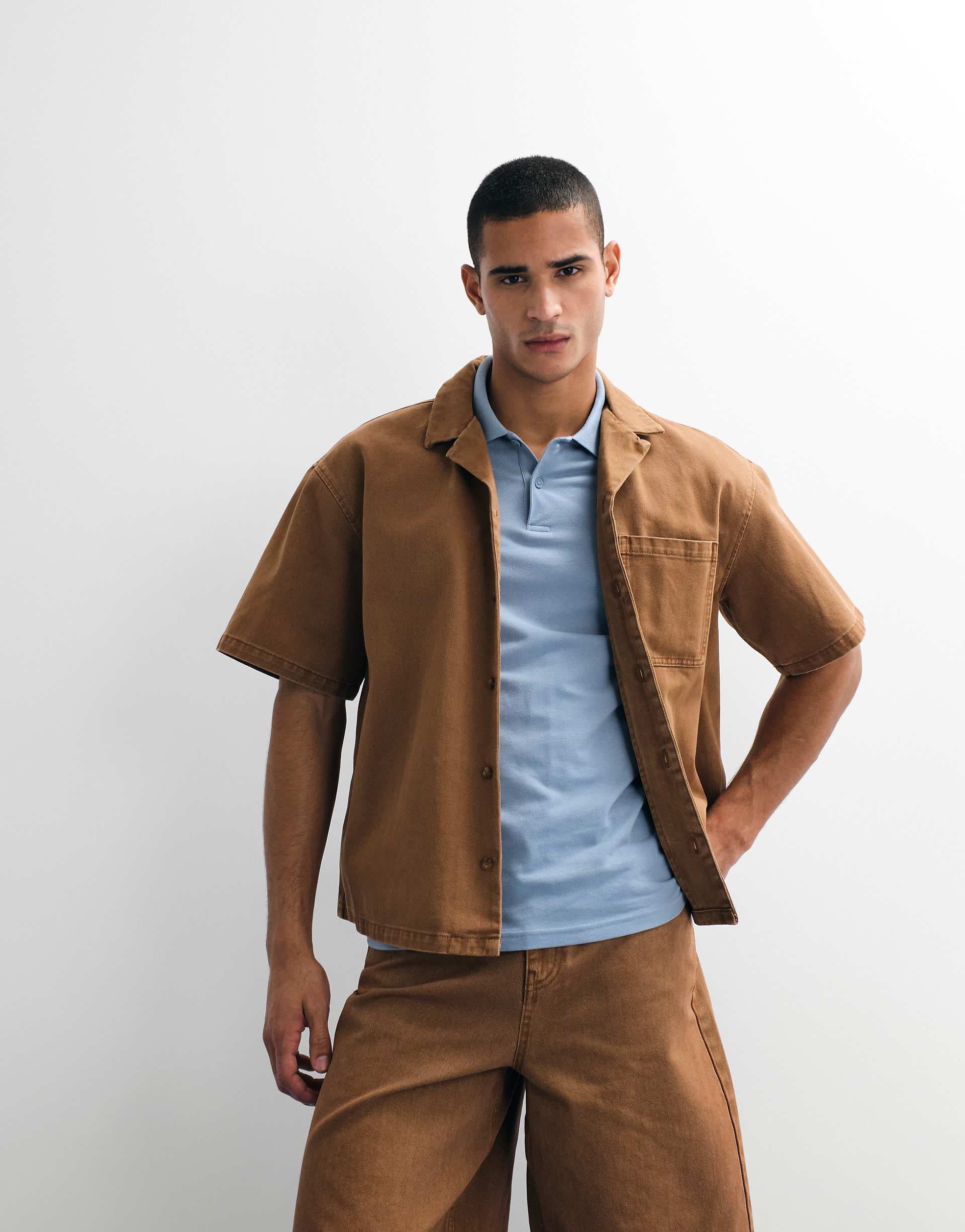 ASOS DESIGN denim shirt in brown - part of a set