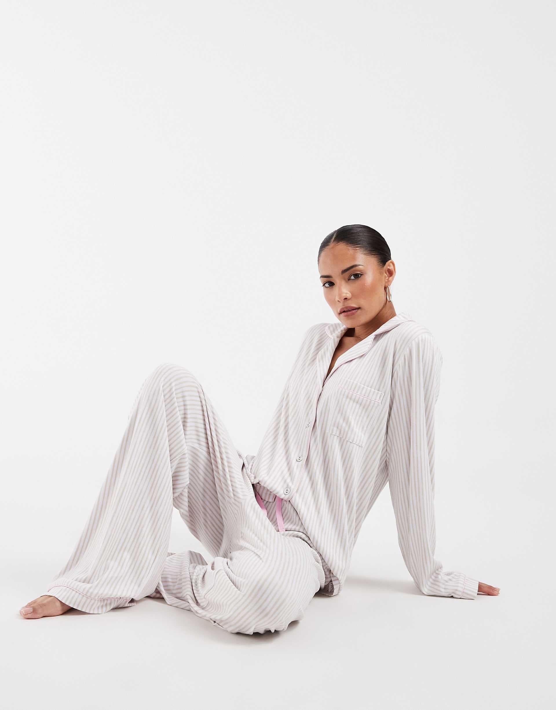 Loungeable Petite supersoft jersey camp collar top and pants set in beige and white stripes