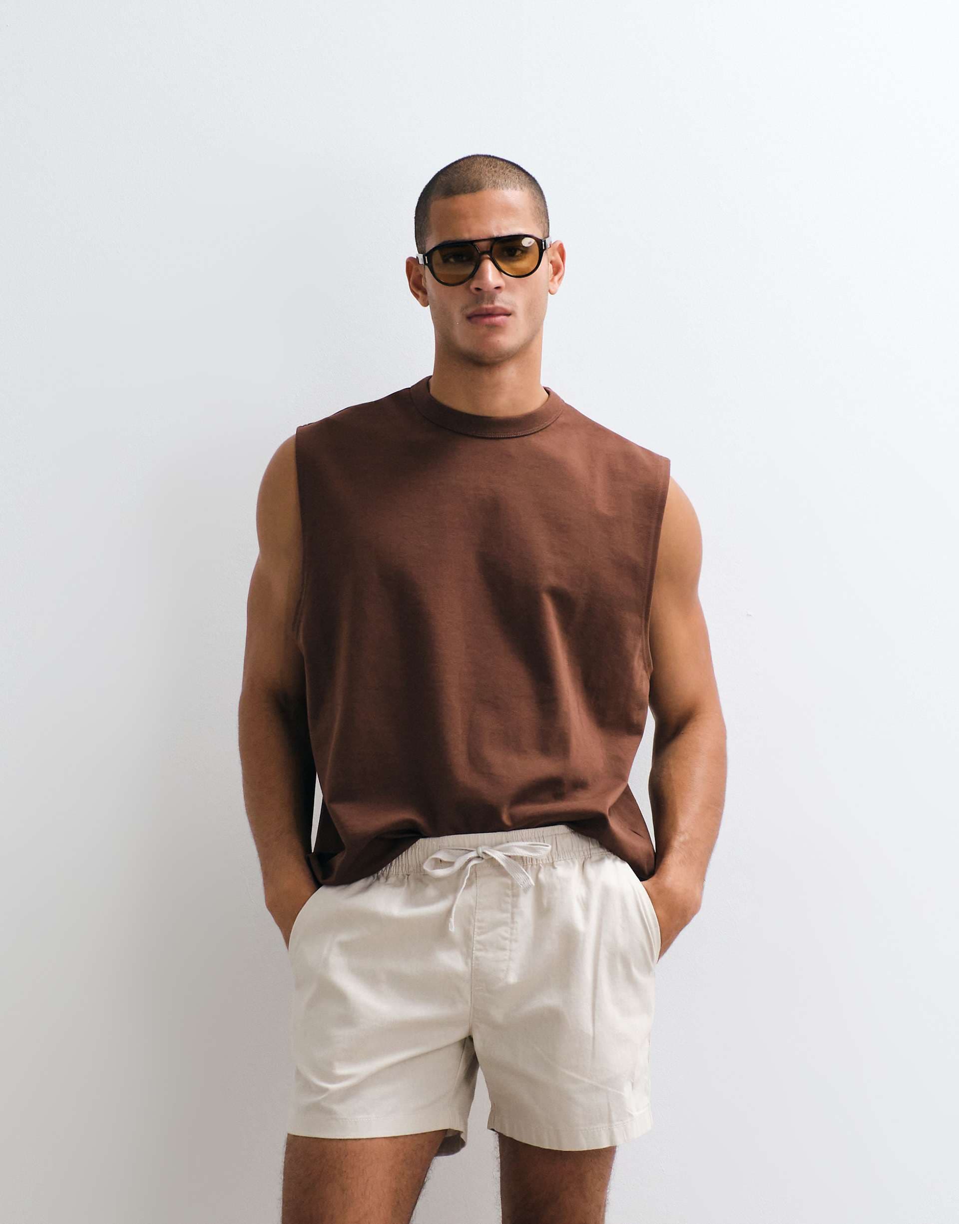 ASOS DESIGN slim linen blend shorts in short length in stone