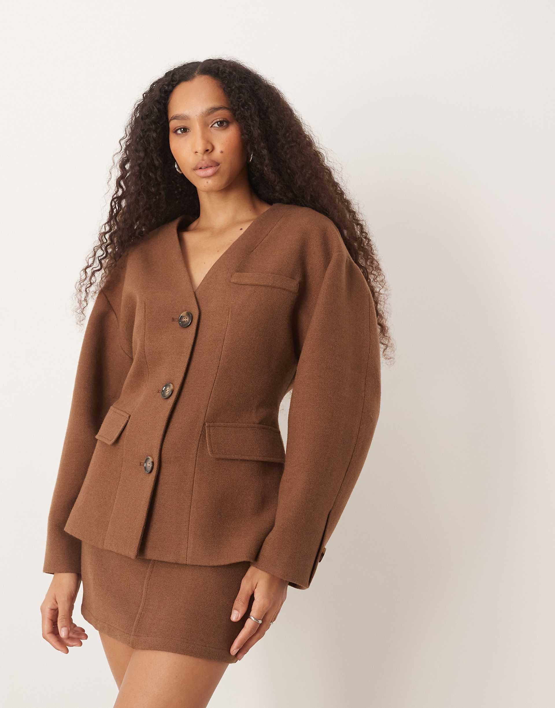 Pretty Lavish collarless cinched tailored jacket in brown - part of a set