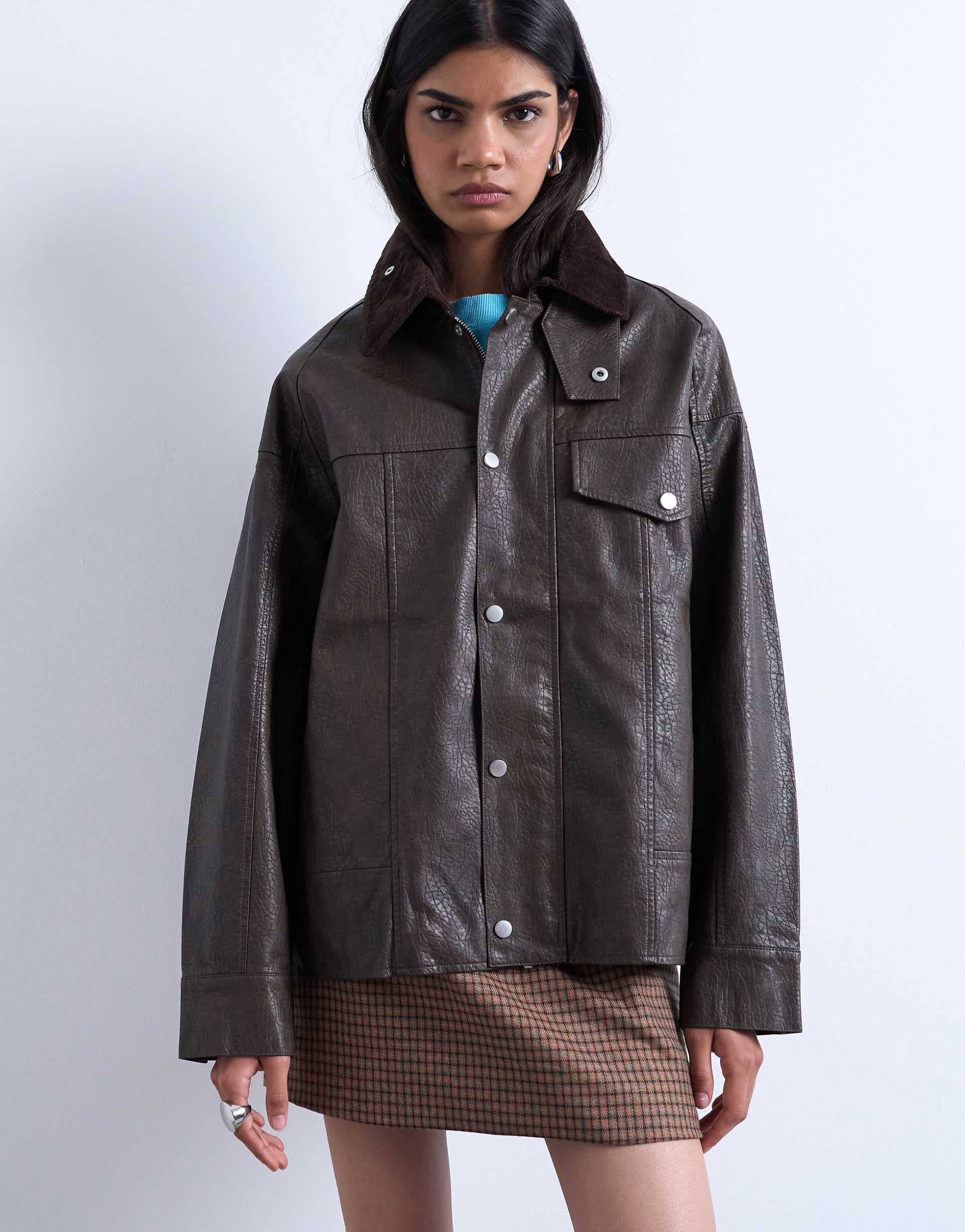 Topshop faux leather cord collar jacket in brown