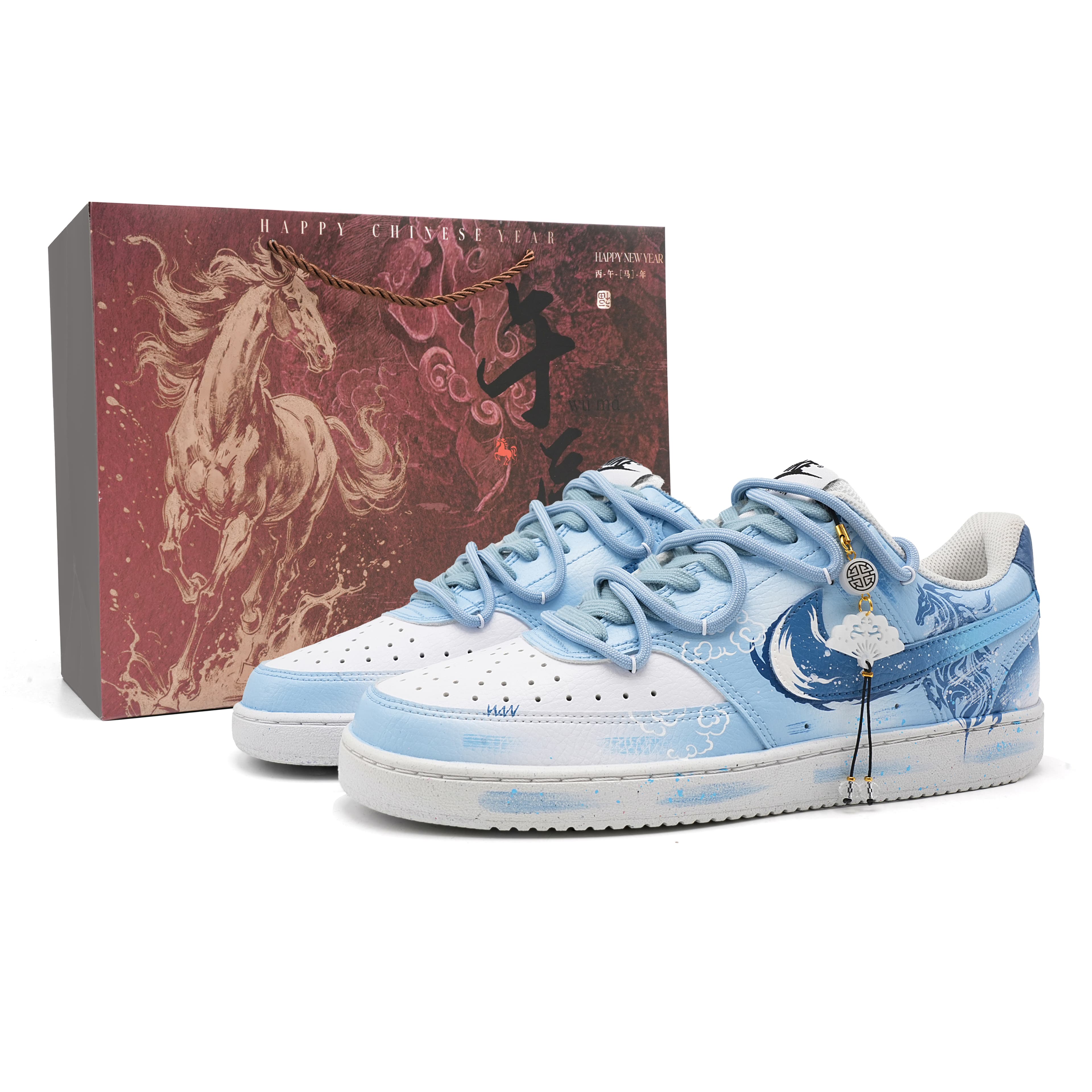 Custom SneakersNike Court Vision 1 'Blue Galloping Wind' CNY Year of the Horse Gift Box Steed Chinese Style Trendy Thin Sole Flexible Adaptive Comfortable Versatile Wear-Resistant Low-Top Skate Shoes Unisex Blue White