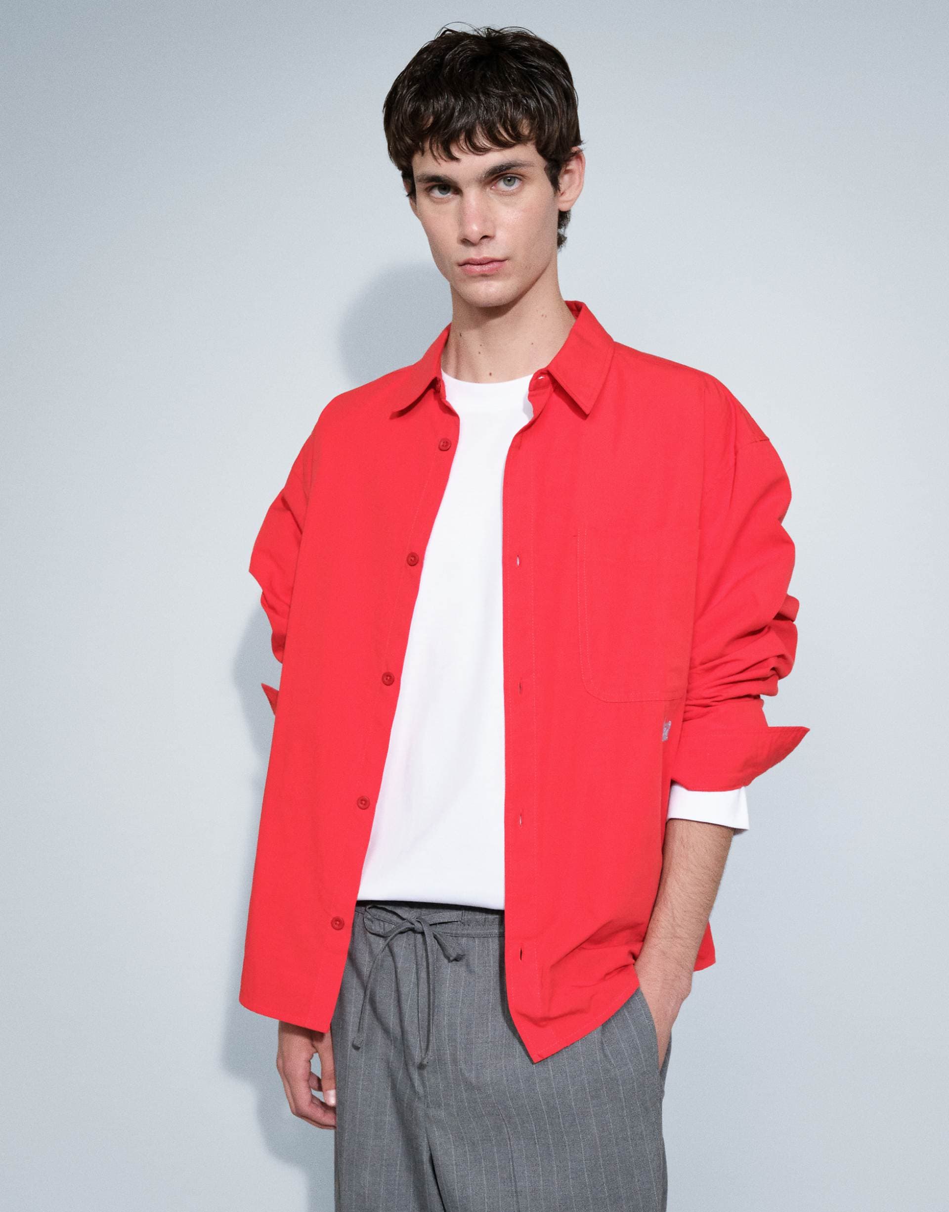 ASOS DESIGN oversized poplin shirt with chest embroidery in red