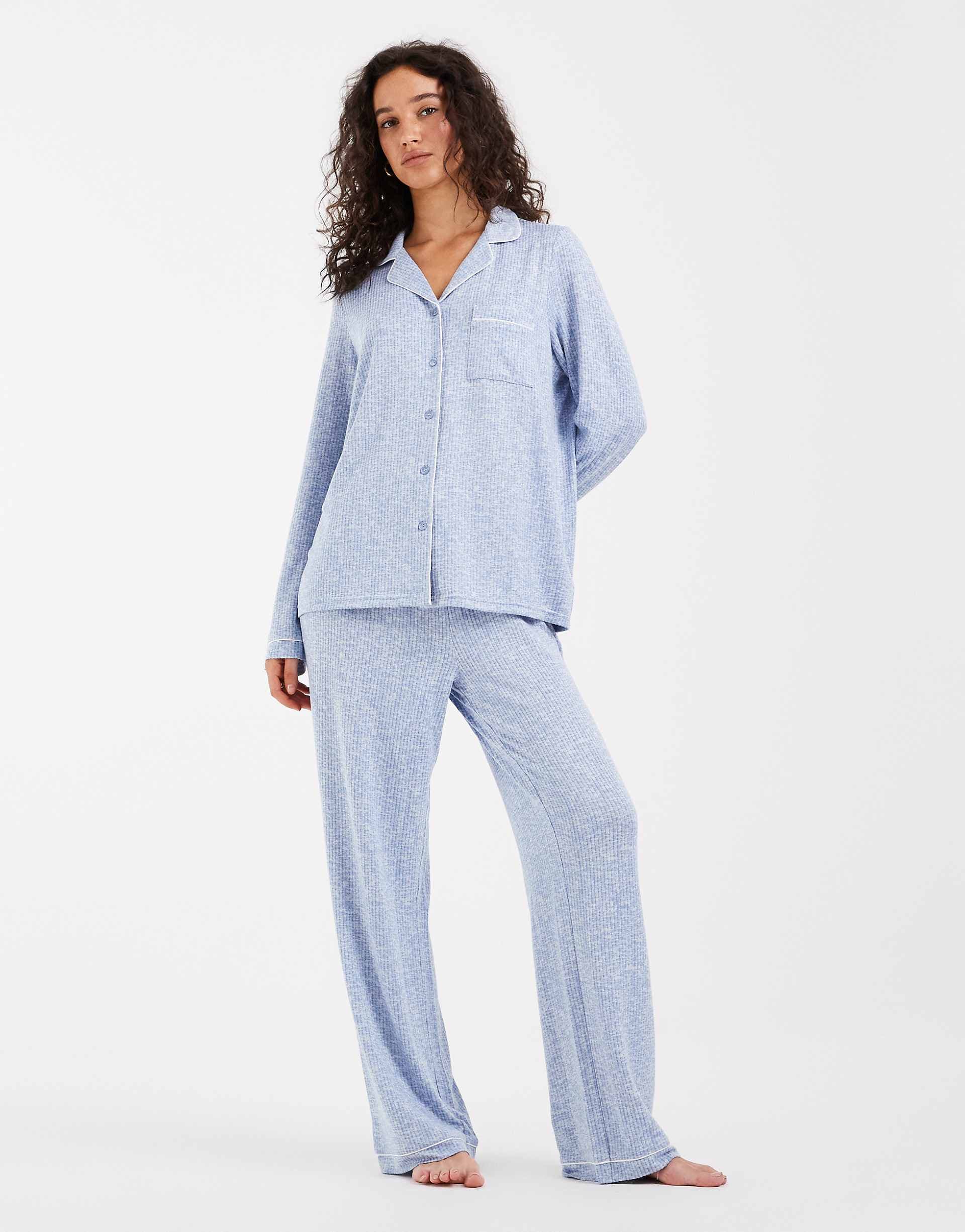 Loungeable super soft brushed rib knit camp collar top and wide leg pants pajama set with piping details in blue