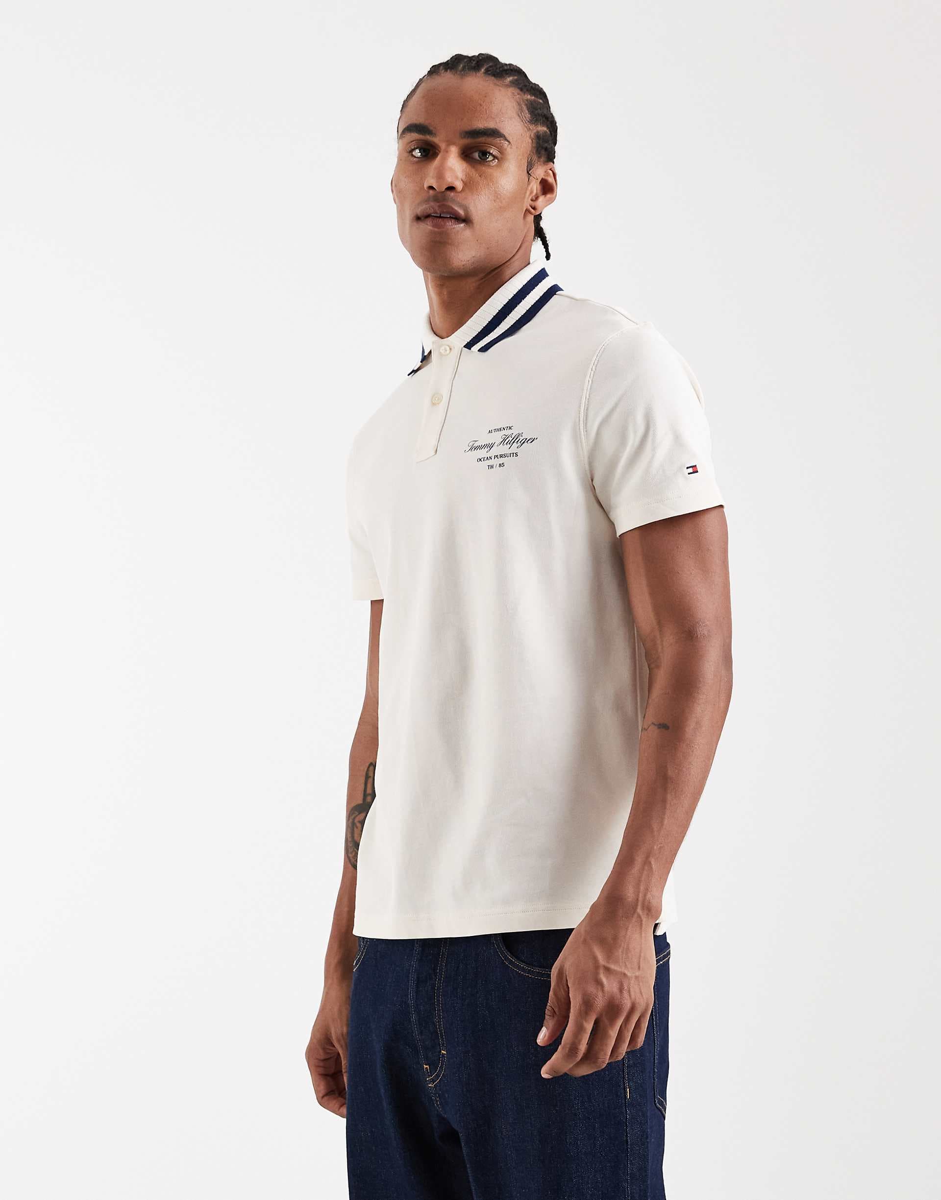 Tommy Hilfiger striped collar regular fit polo shirt in white