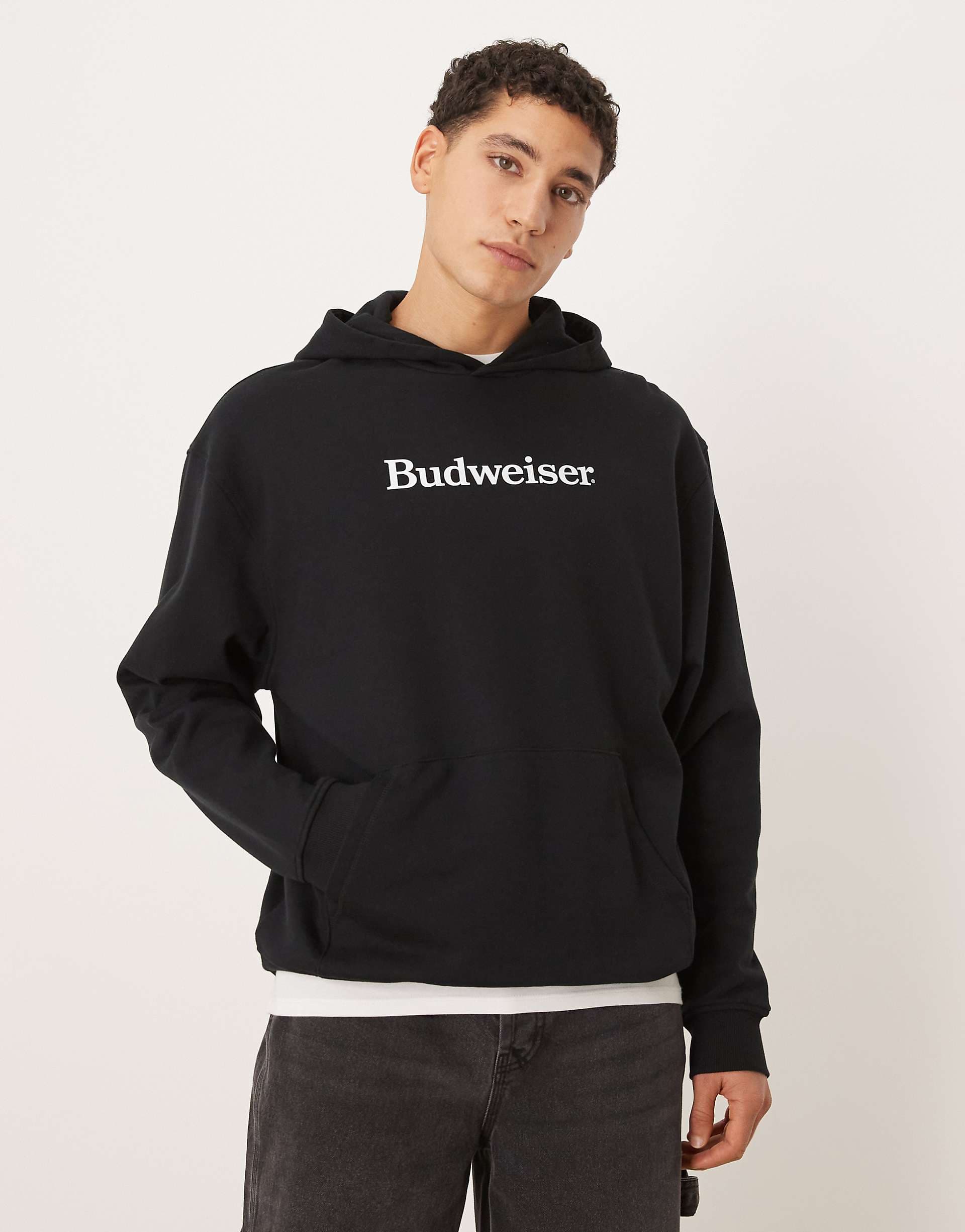ASOS DESIGN oversized hoodie with Budweiser print in black