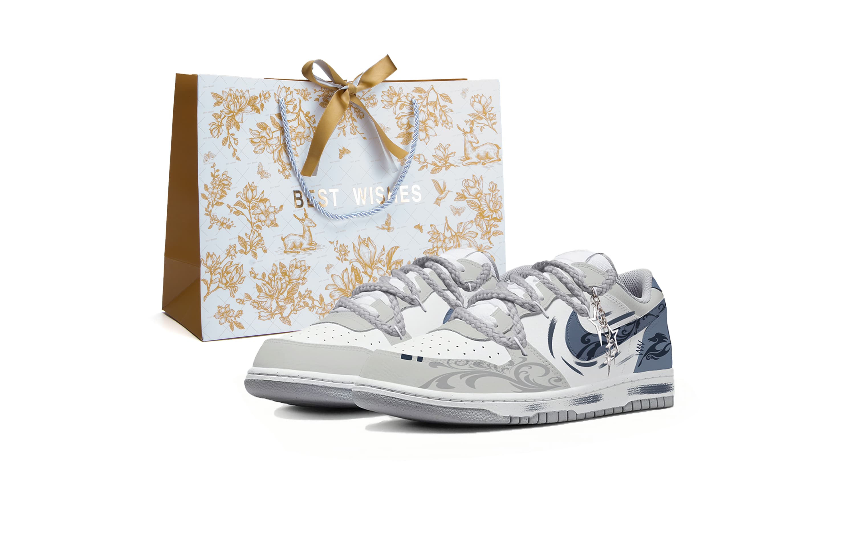 Custom Sneakers Nike Big Low-Top Year of the Horse Sneakers Unisex Gray-Blue