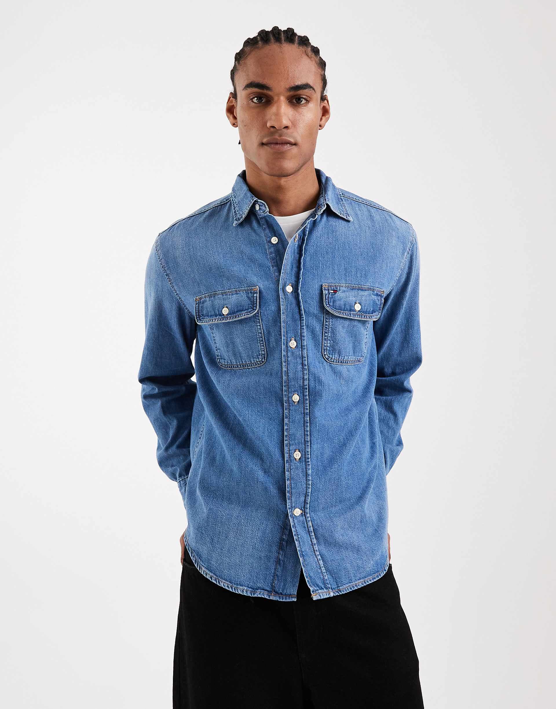 Tommy Jeans relaxed fit denim shirt in mid wash blue