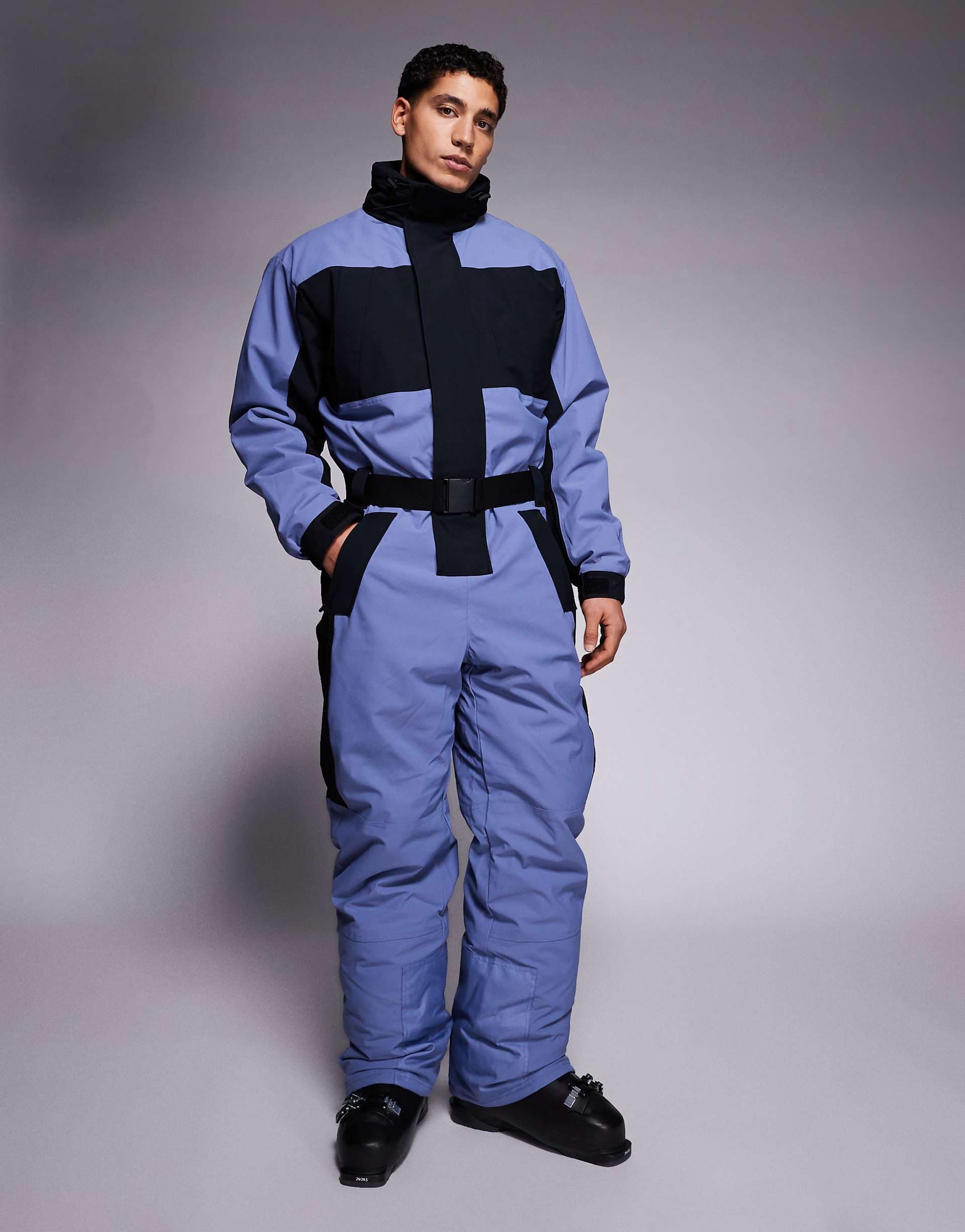 4505 Ski water repellent straight fit belted ski suit in black and light blue