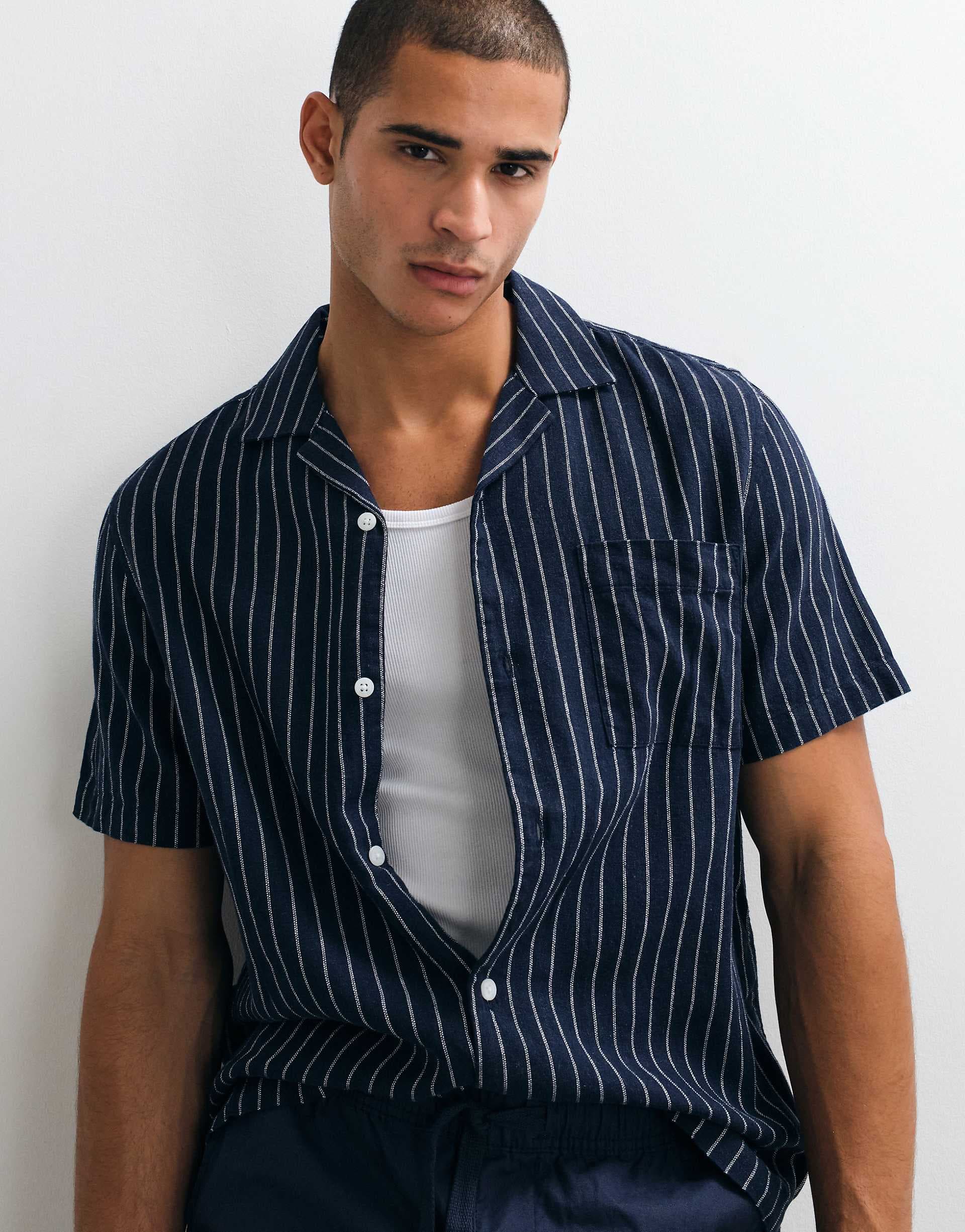 ASOS DESIGN regular fit linen blend striped shirt in navy