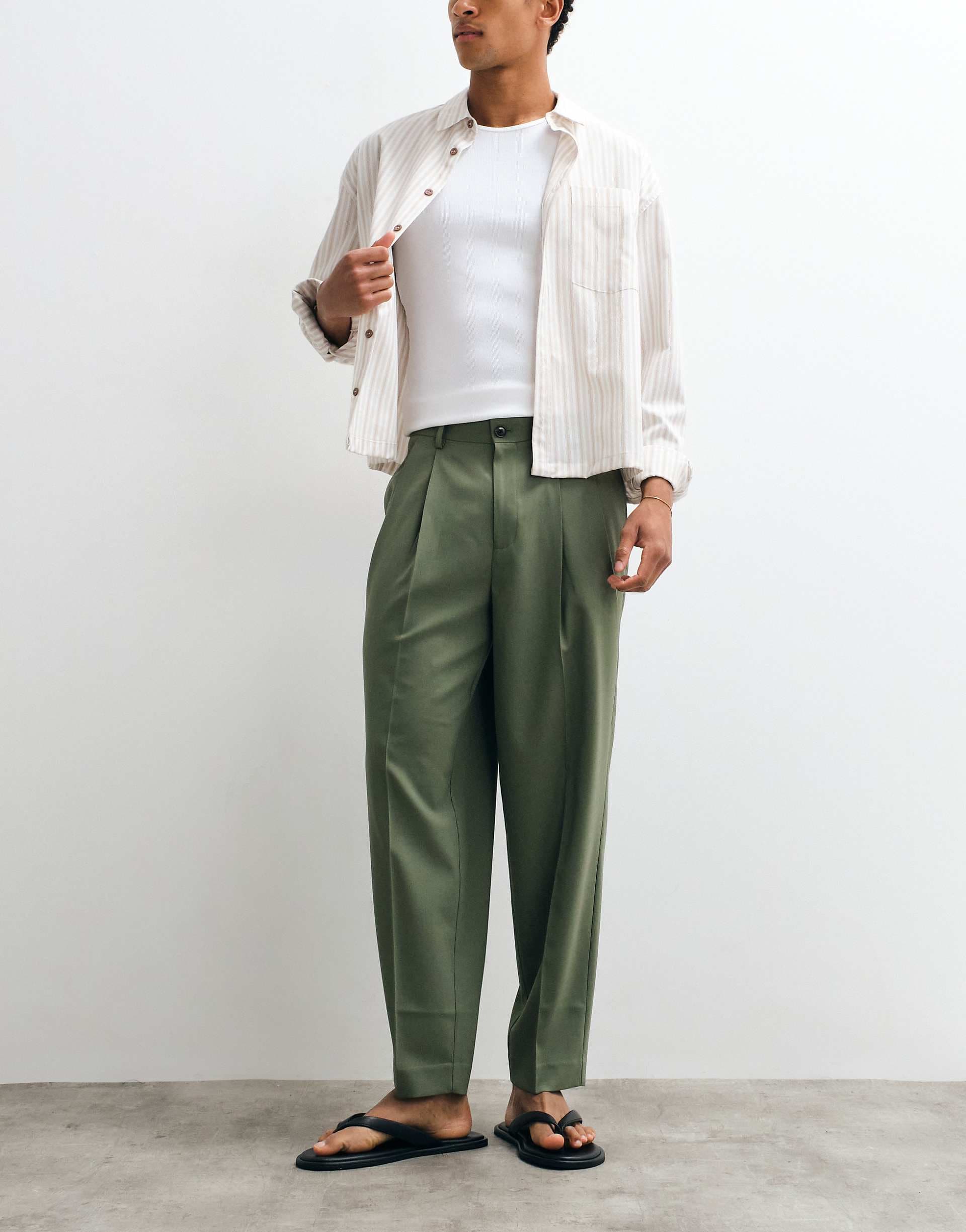 ASOS DESIGN summer wool oversized tapered pleated pants in olive green