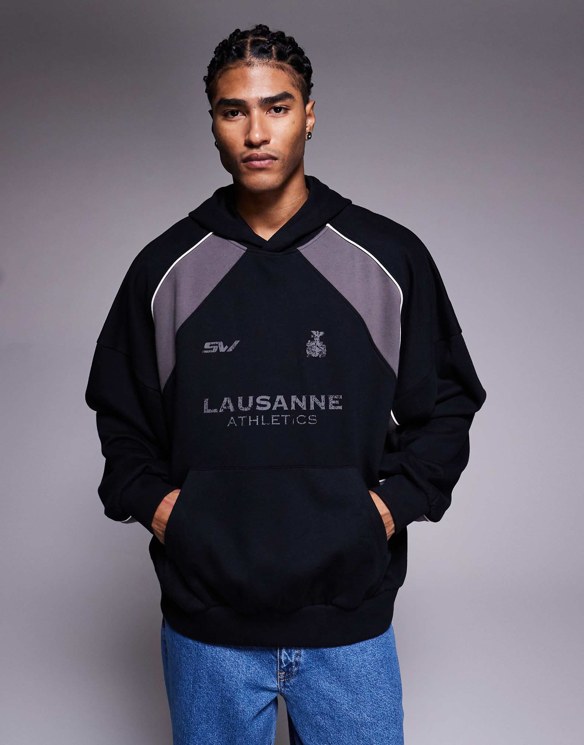 ASOS DESIGN hoodie with color blocking and distressed print in black