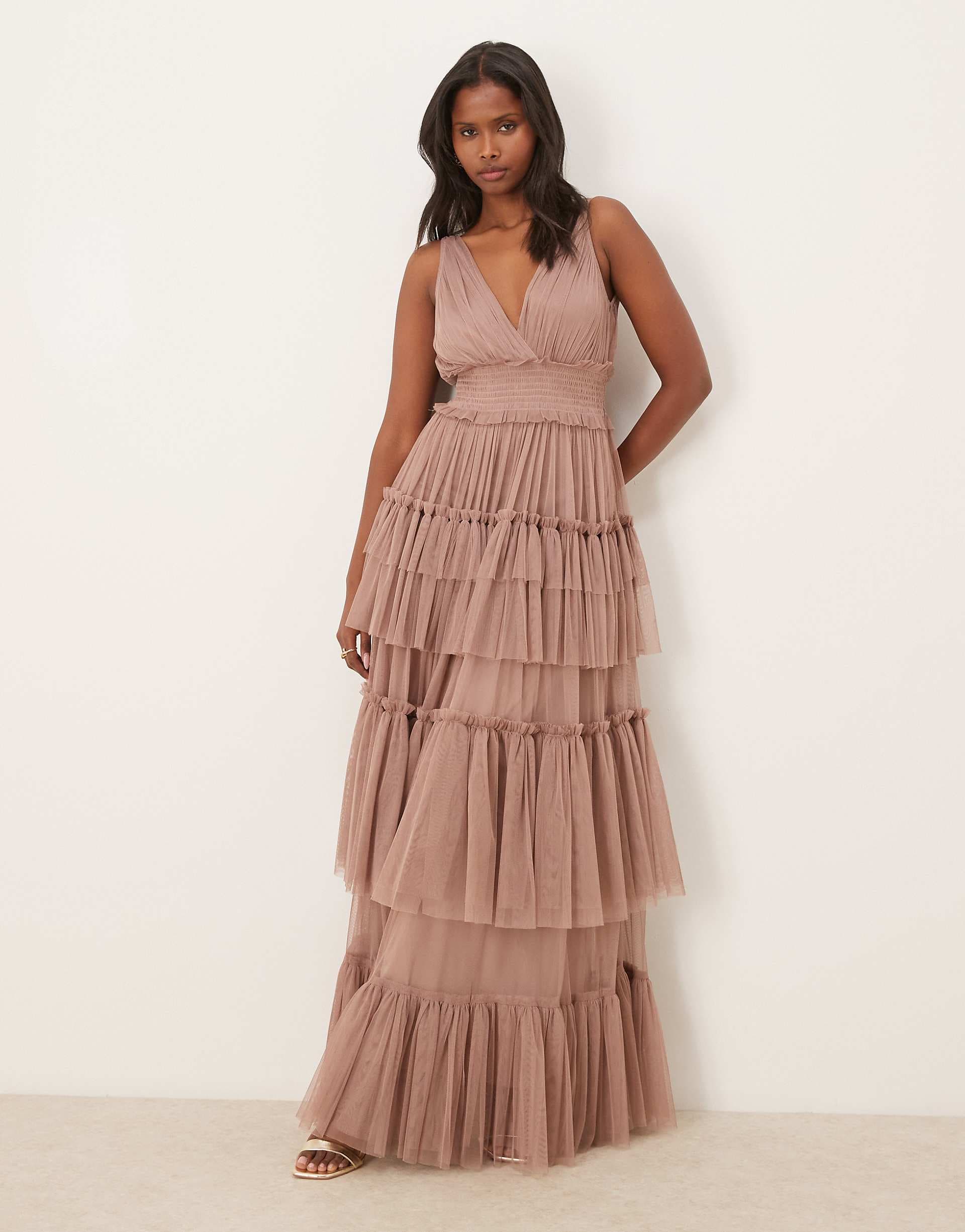 Lace & Beads Bridesmaid tulle sleeveless plunge neck tiered maxi dress in taupe