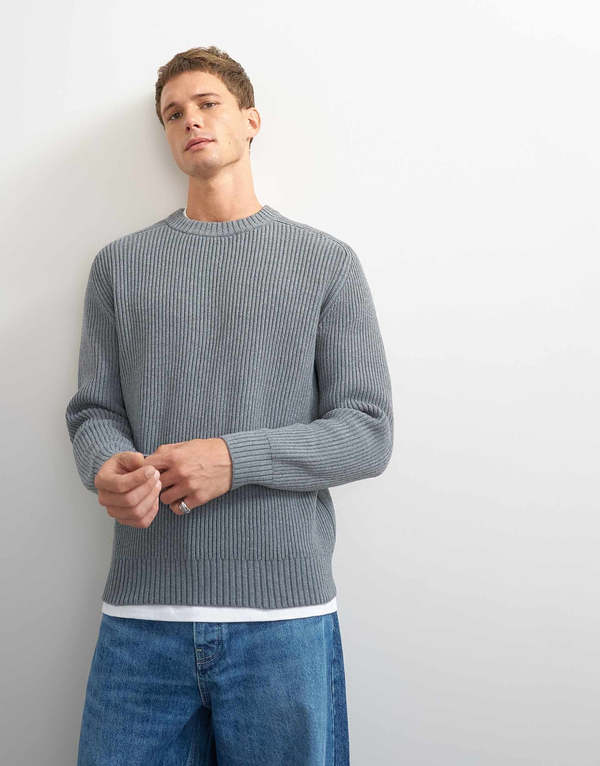 Topman classic fit fisherman knit sweater in gray