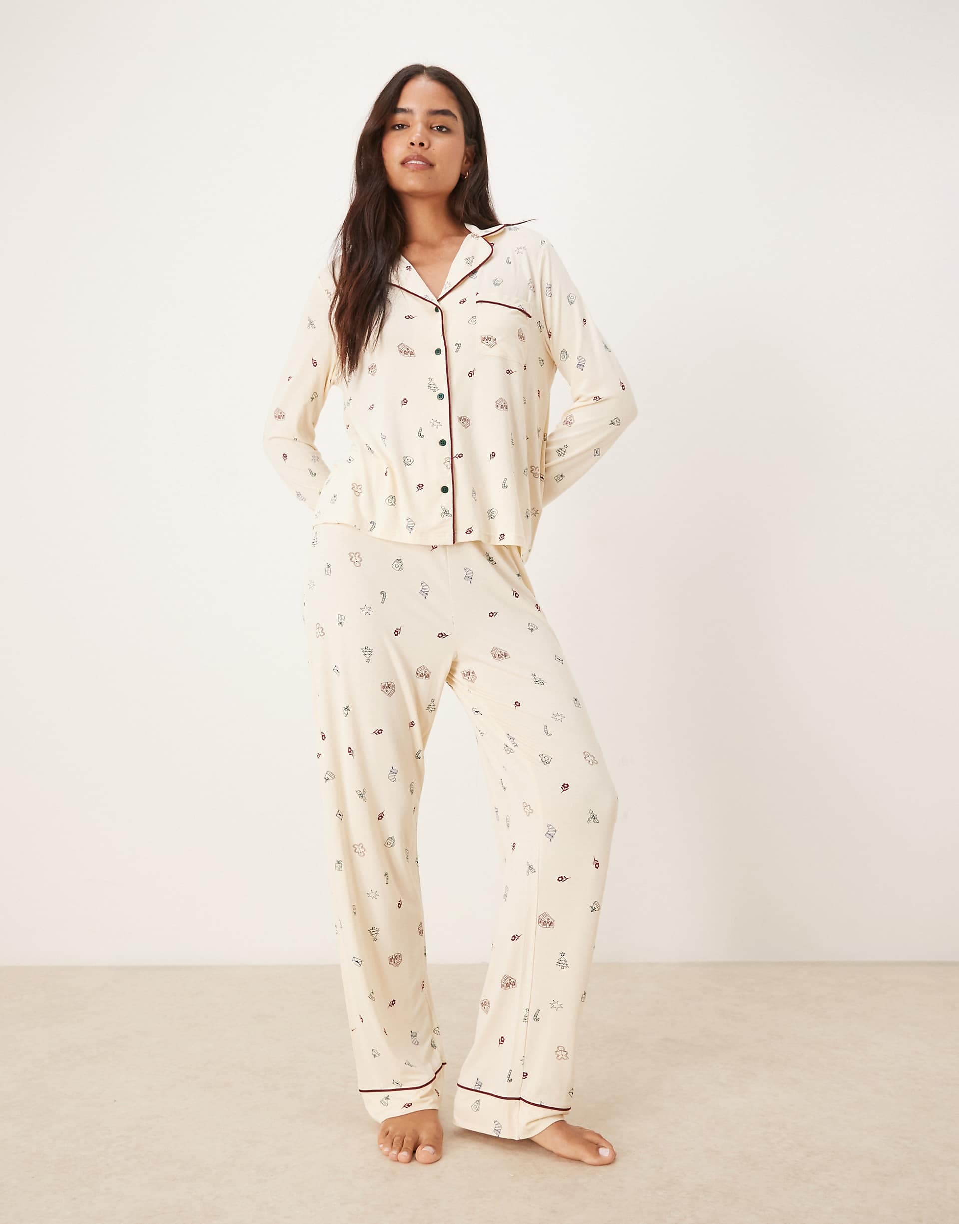ASOS DESIGN super soft long sleeve shirt & pants pajama set with contrast piping in cream Christmas print