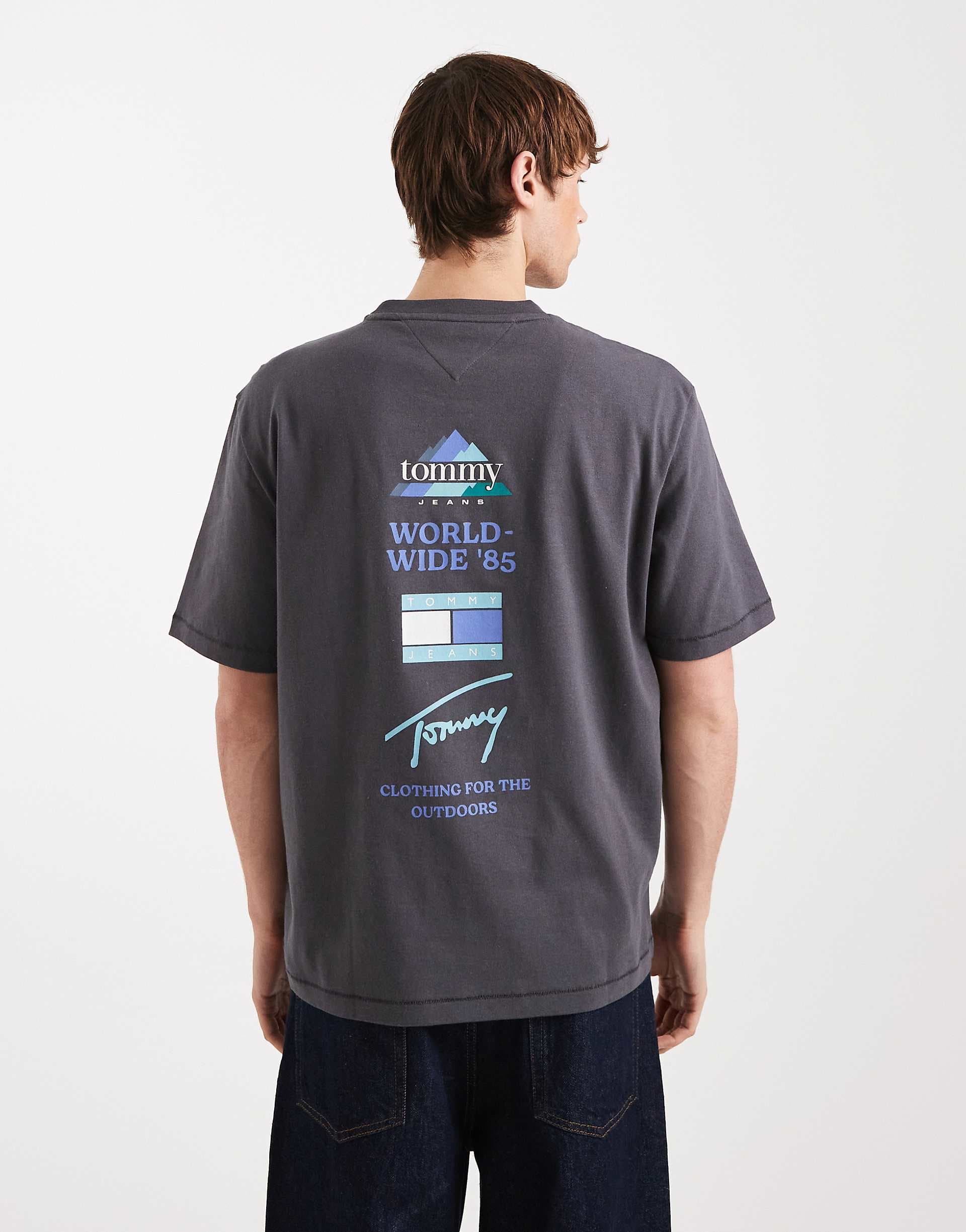 Tommy Jeans flag logo T-shirt with mountain peak back print in washed black
