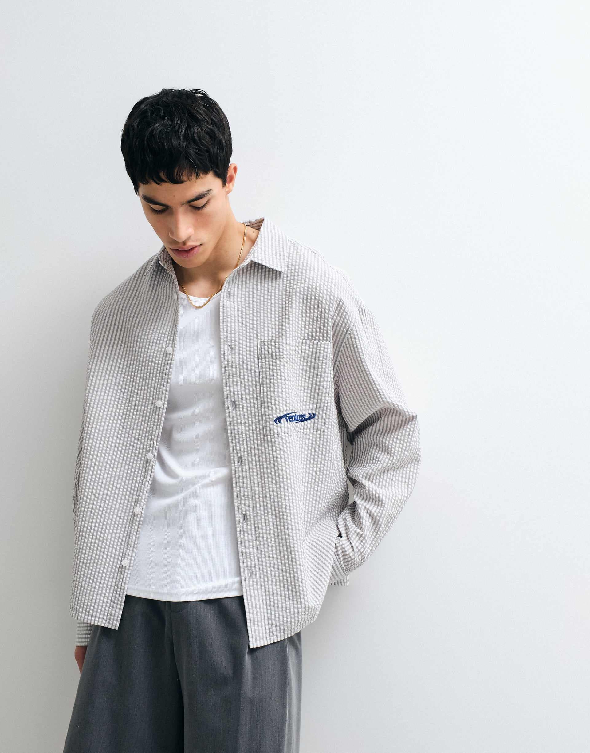ASOS DESIGN oversized seersucker shirt with chest embroidery in gray stripes