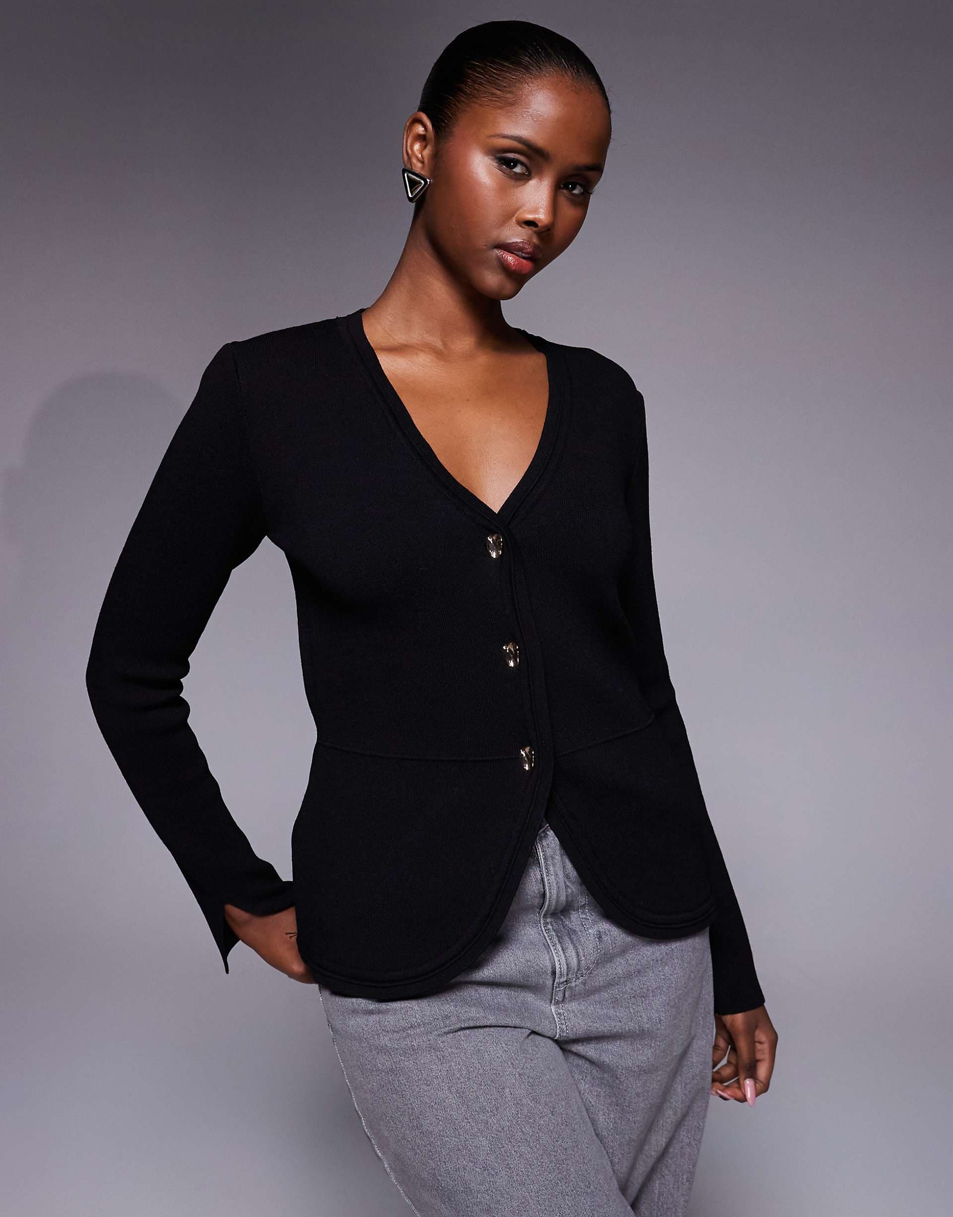 River Island curved hem detail cardigan in black