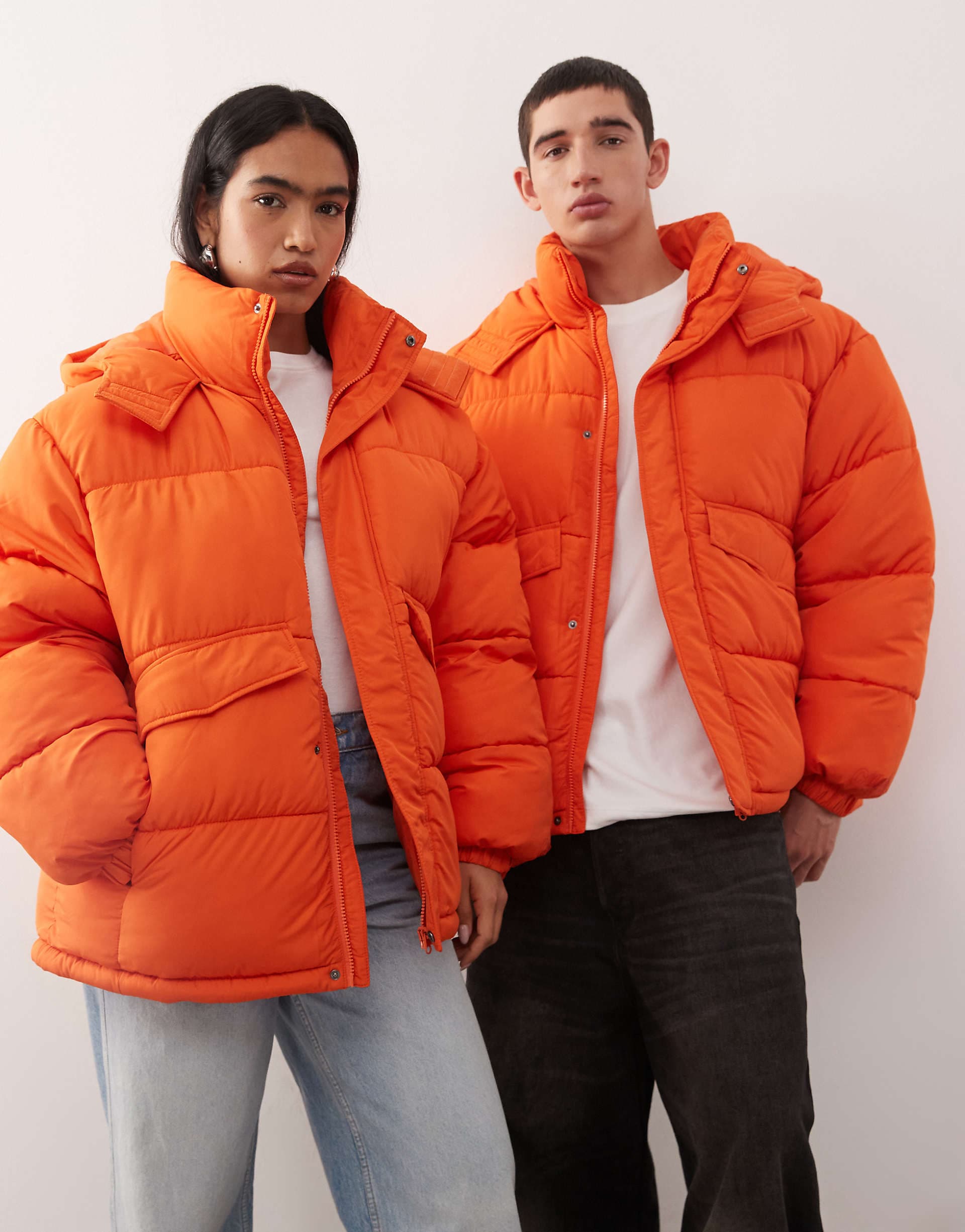 COLLUSION Unisex puffer jacket with hood in orange