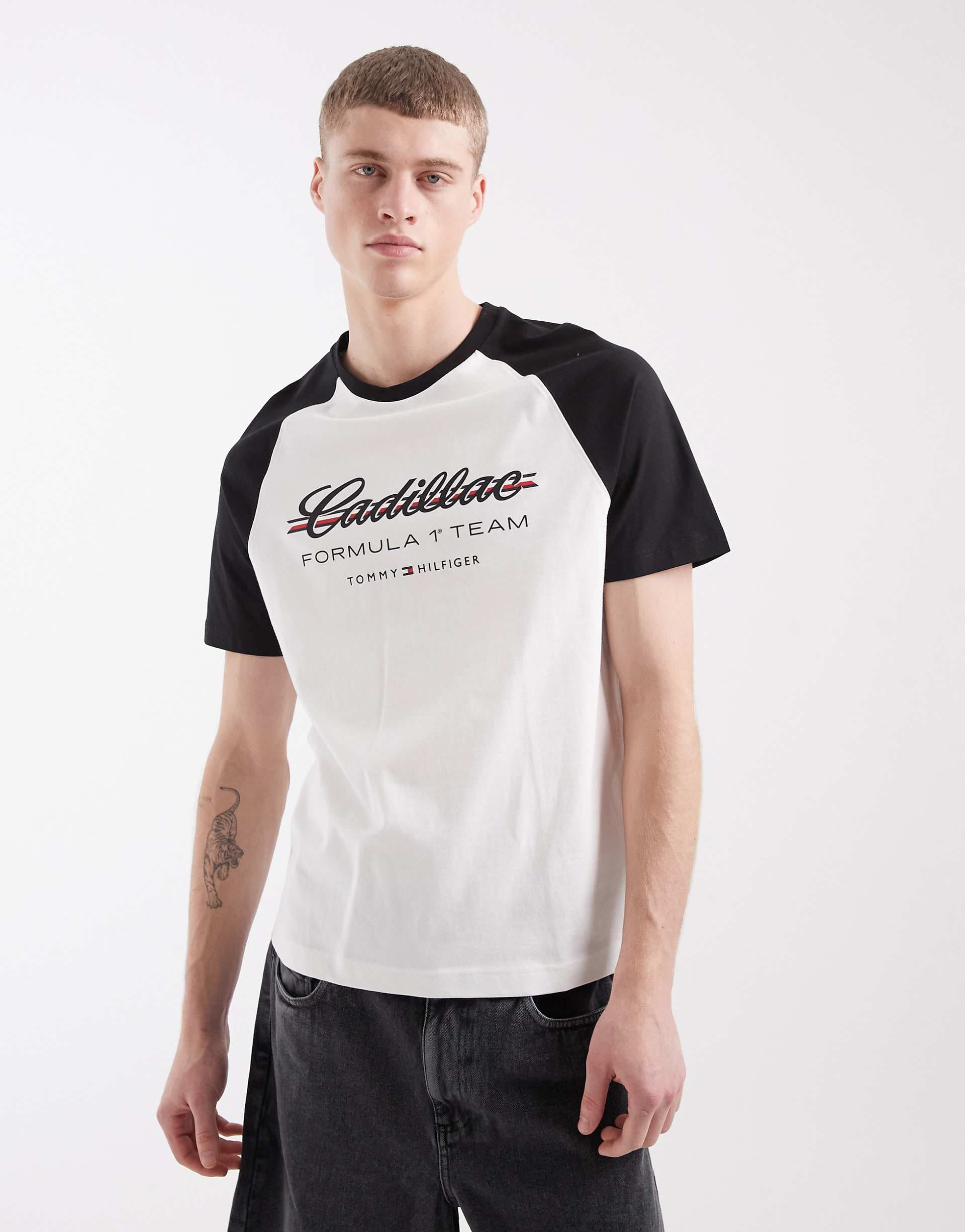 Tommy Hilfiger x Cadillac F1 ringer T-shirt in white & black