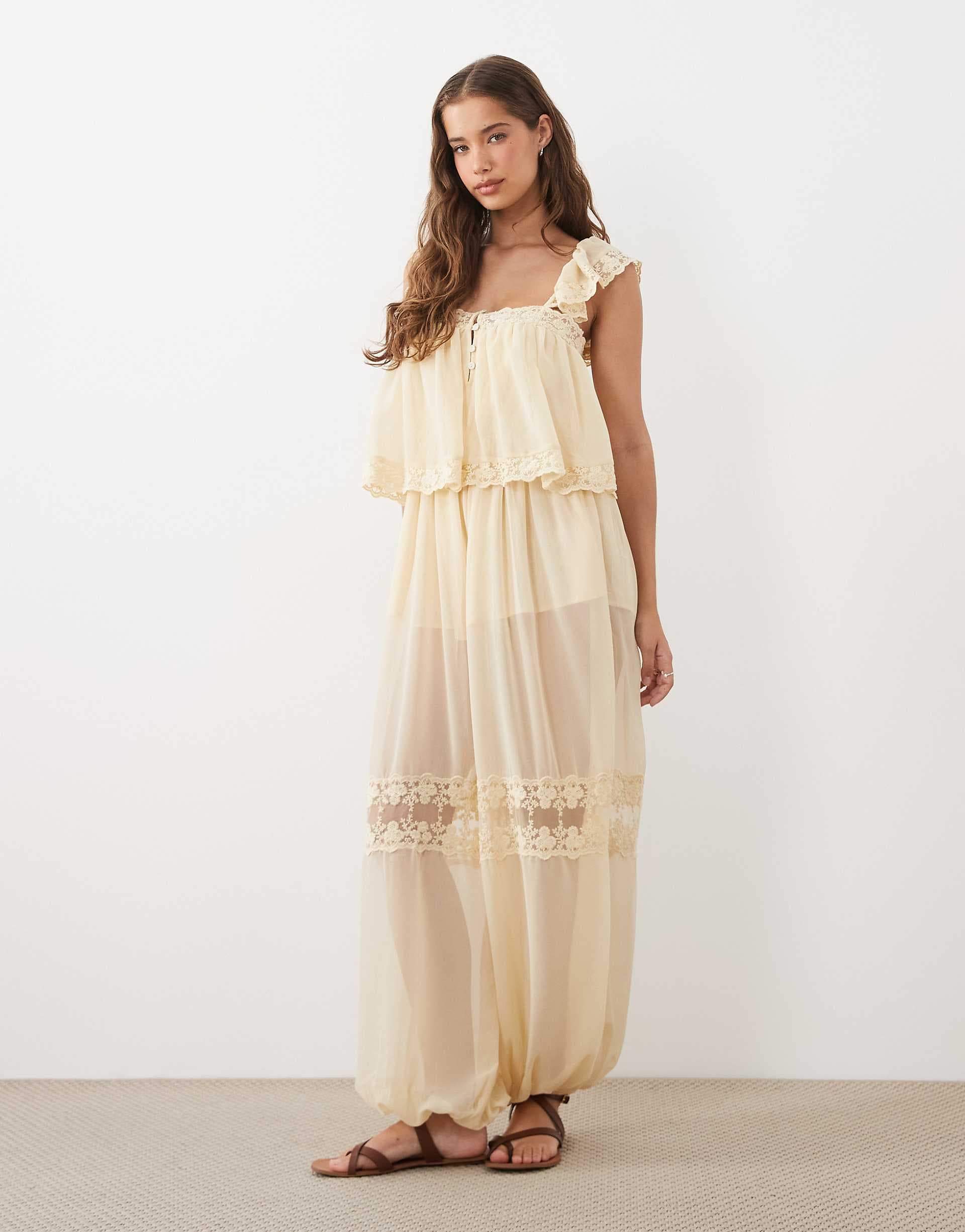 Miss Selfridge lace insert bloomer jumpsuit in ecru