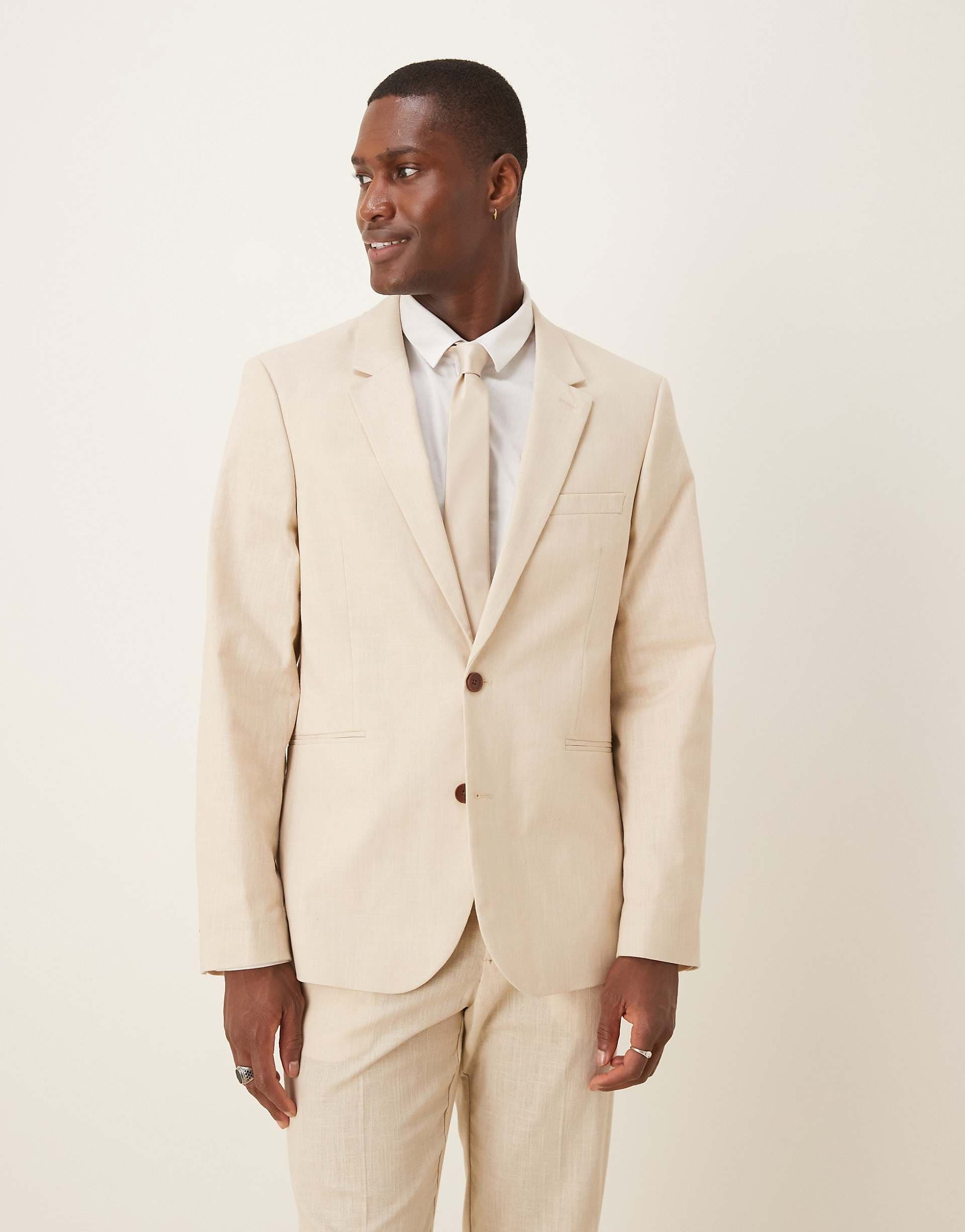 ASOS DESIGN linen look slim suit jacket in stone