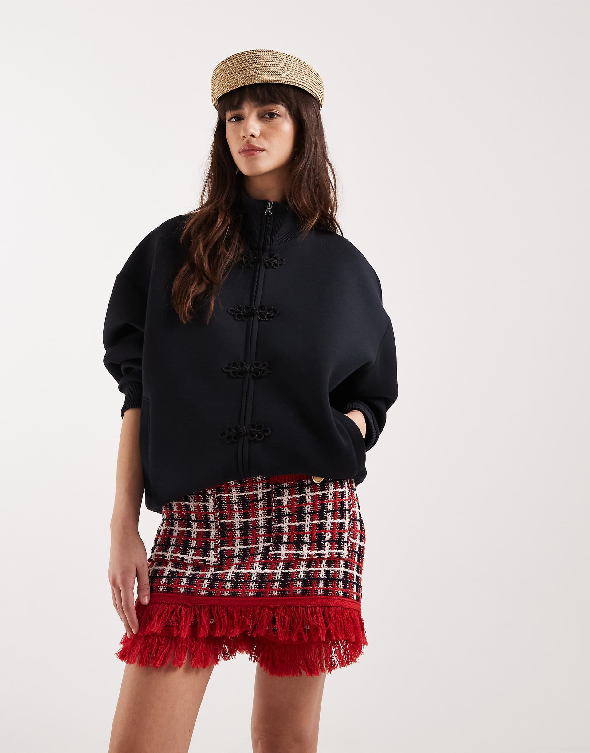 ASOS DESIGN funnel neck zip up jacket with mandarin button detailing in black