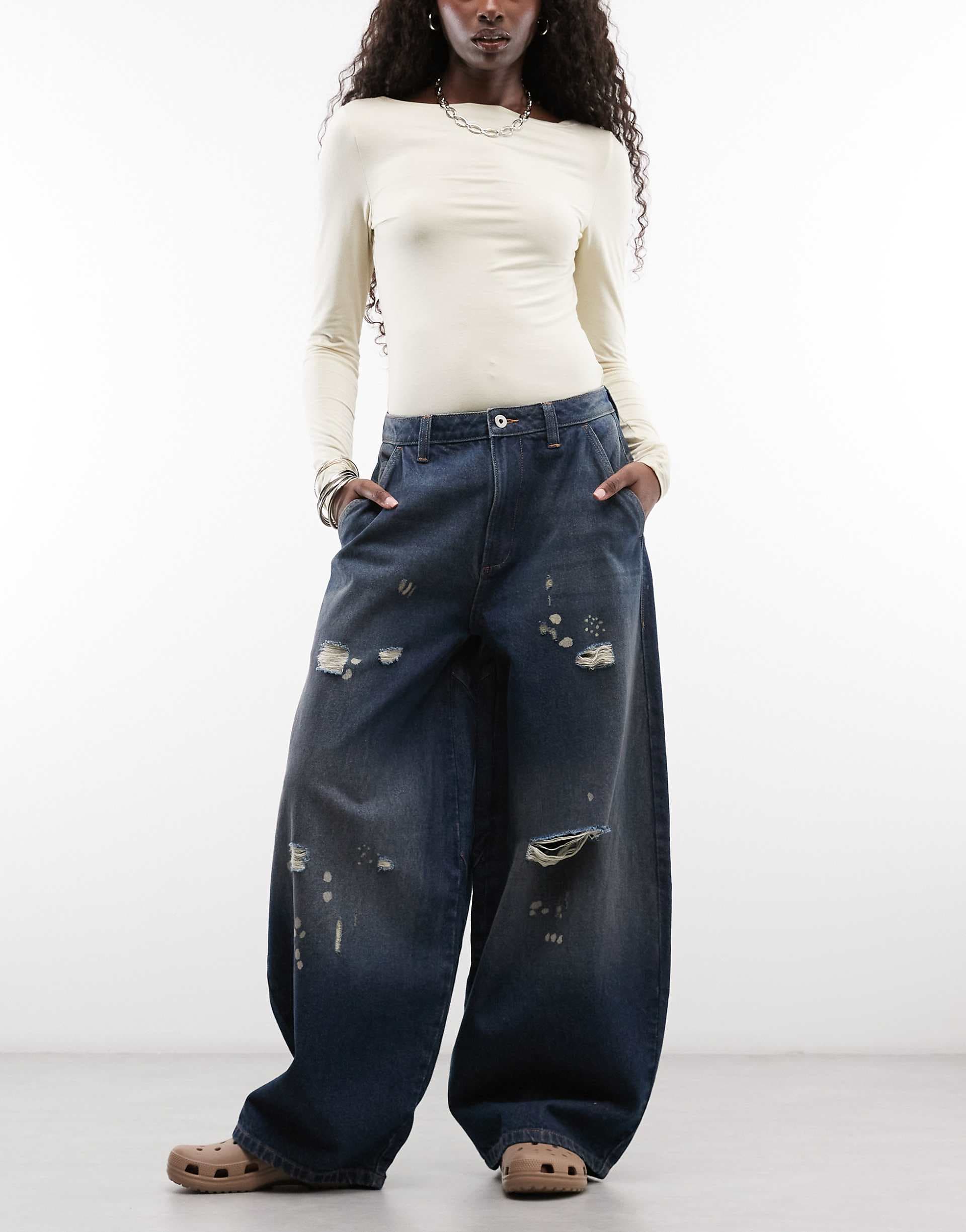 COLLUSION X006 XL balloon low rise jeans in dark blue grunge wash