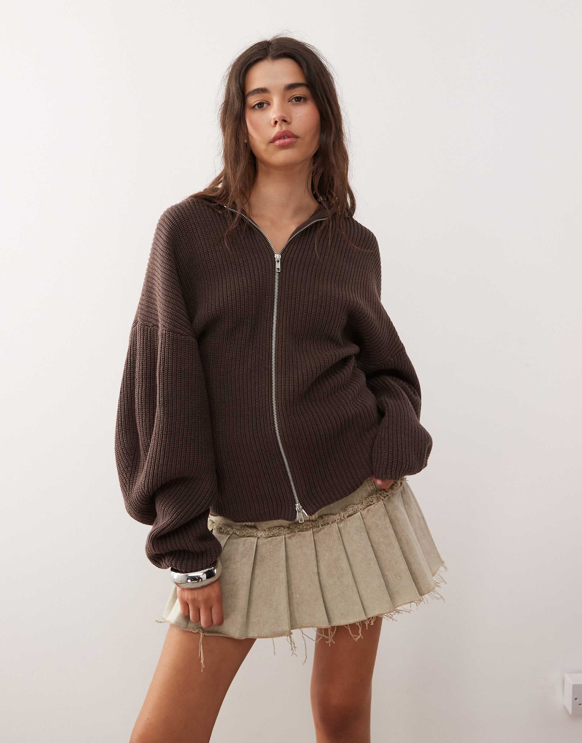Monki exclusive to ASOS knit hooded sweater with double zip and cinched waist detail in chocolate brown