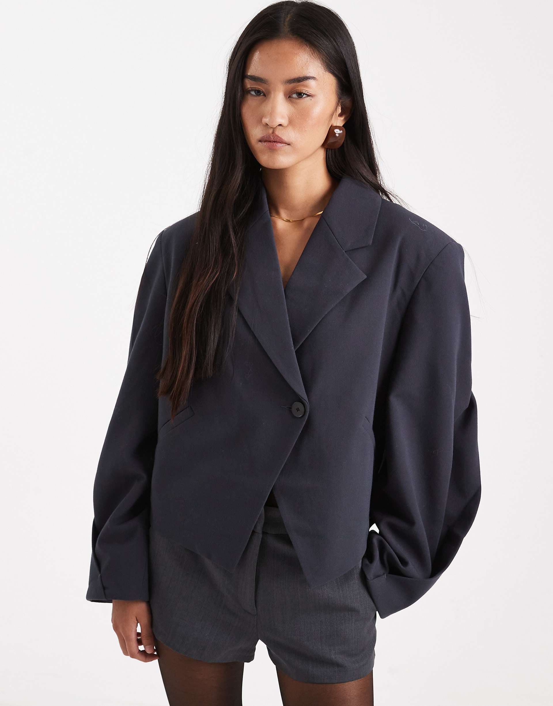 ASOS DESIGN tailored cropped asymmetric blazer in charcoal