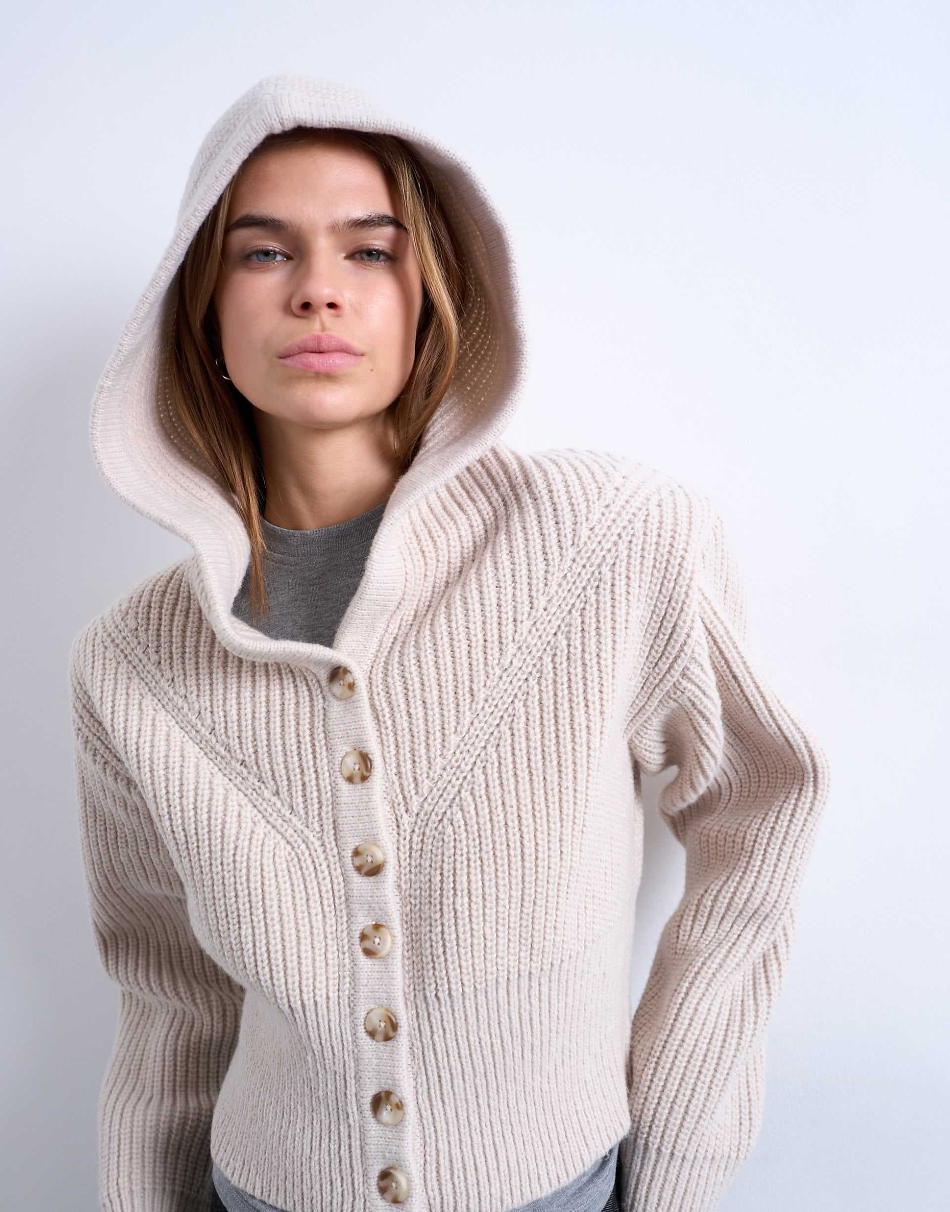 Topshop knit button up shoulder padded hoodie in oat