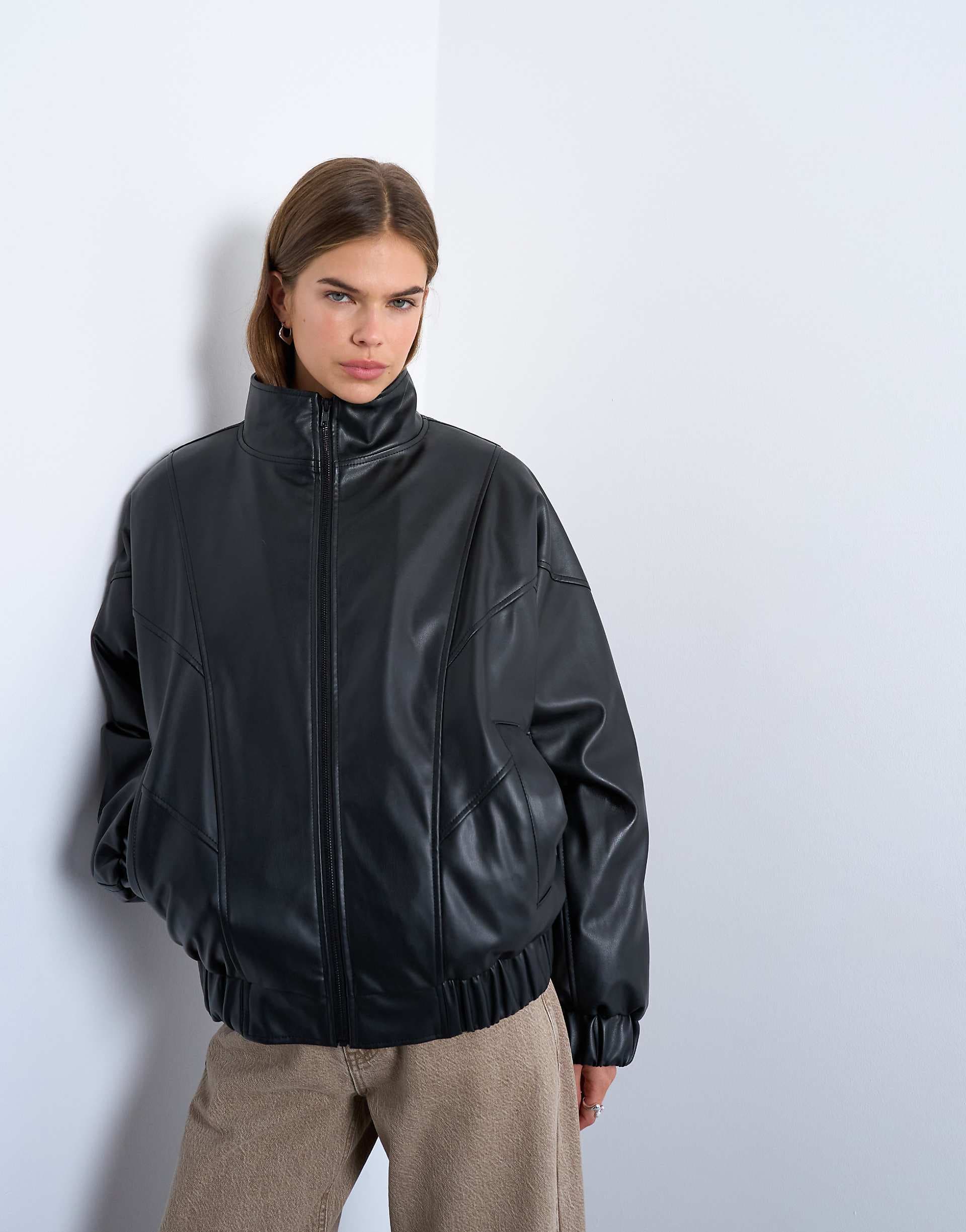 Topshop faux leather padded seam detail bomber jacket in black
