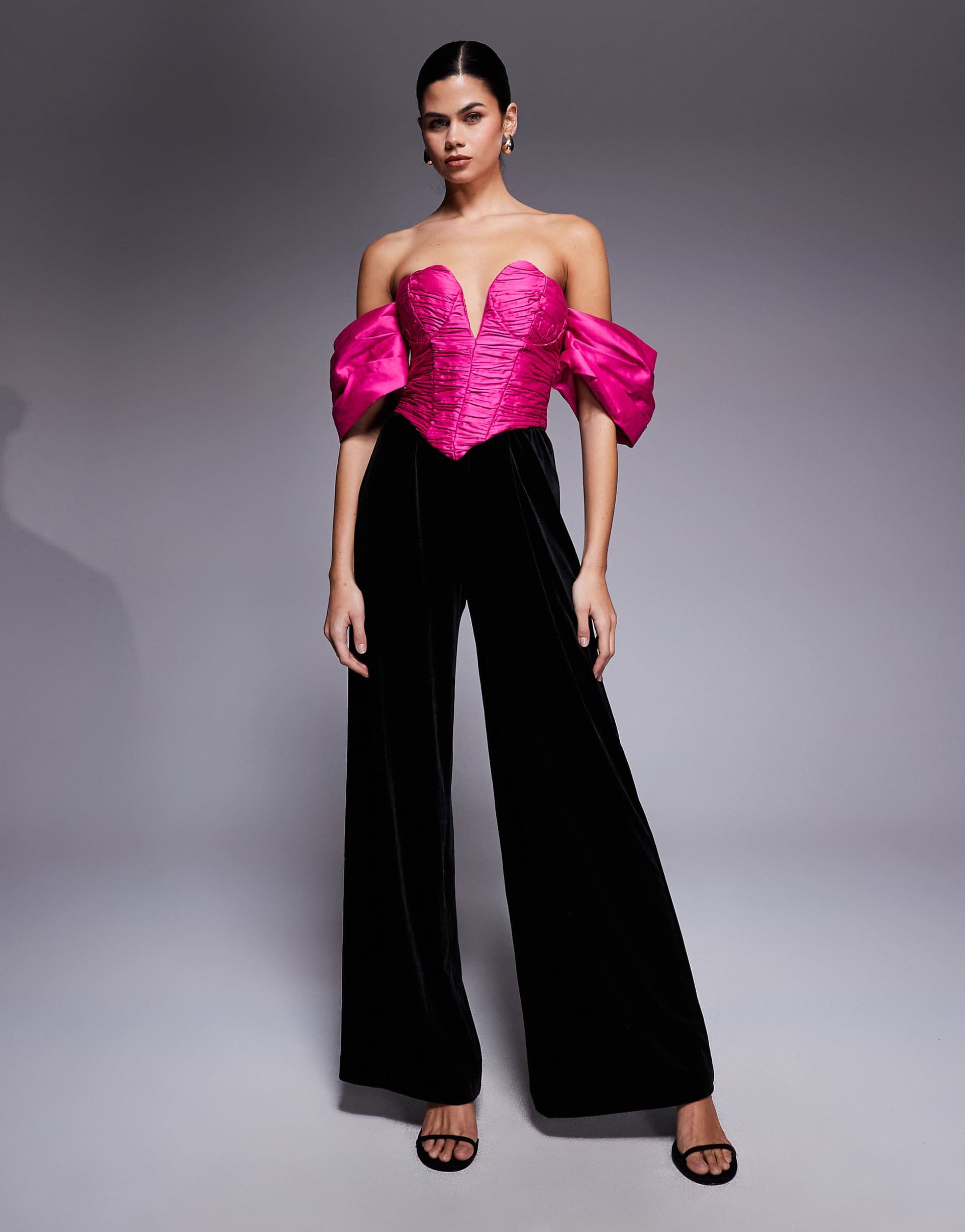 ASOS LUXE off the shoulder satin and velvet jumpsuit in black