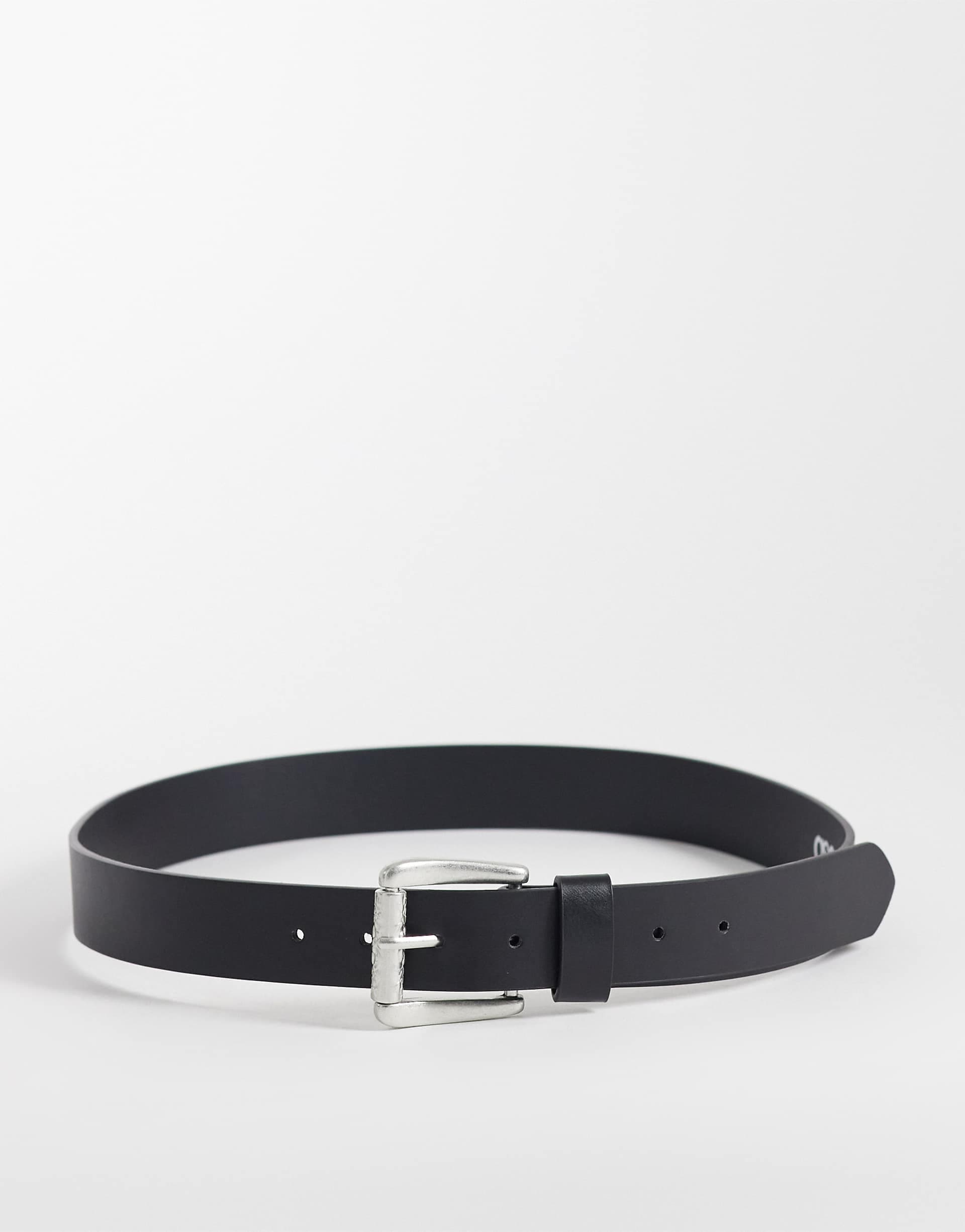 ASOS DESIGN faux leather belt with embossed silver buckle in black