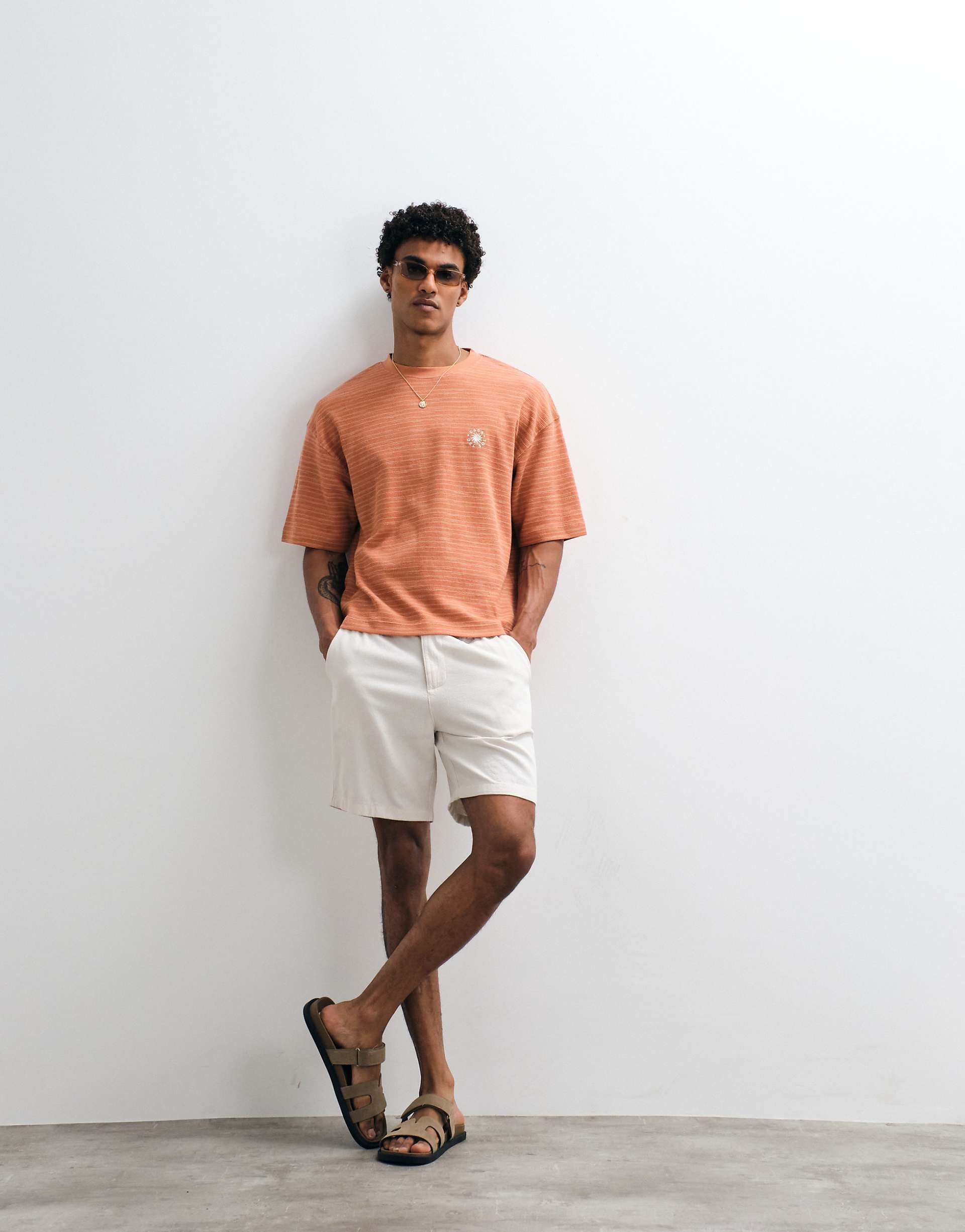 ASOS DESIGN mid length slim linen blend shorts in stone