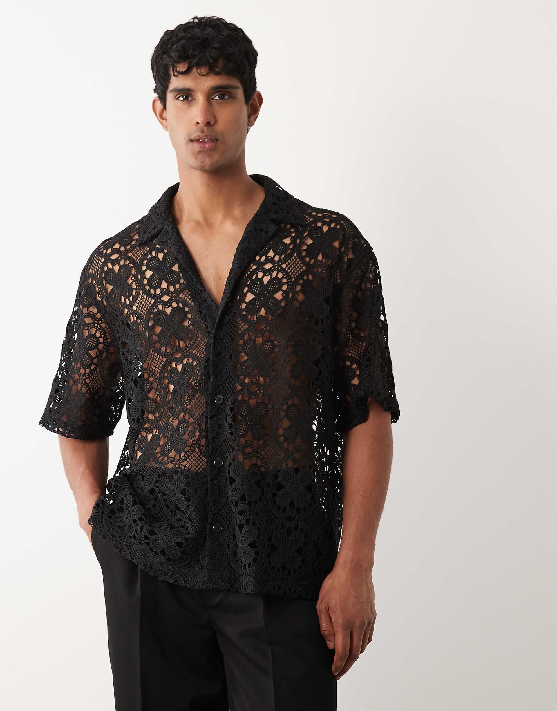 ASOS DESIGN oversized crochet shirt in black