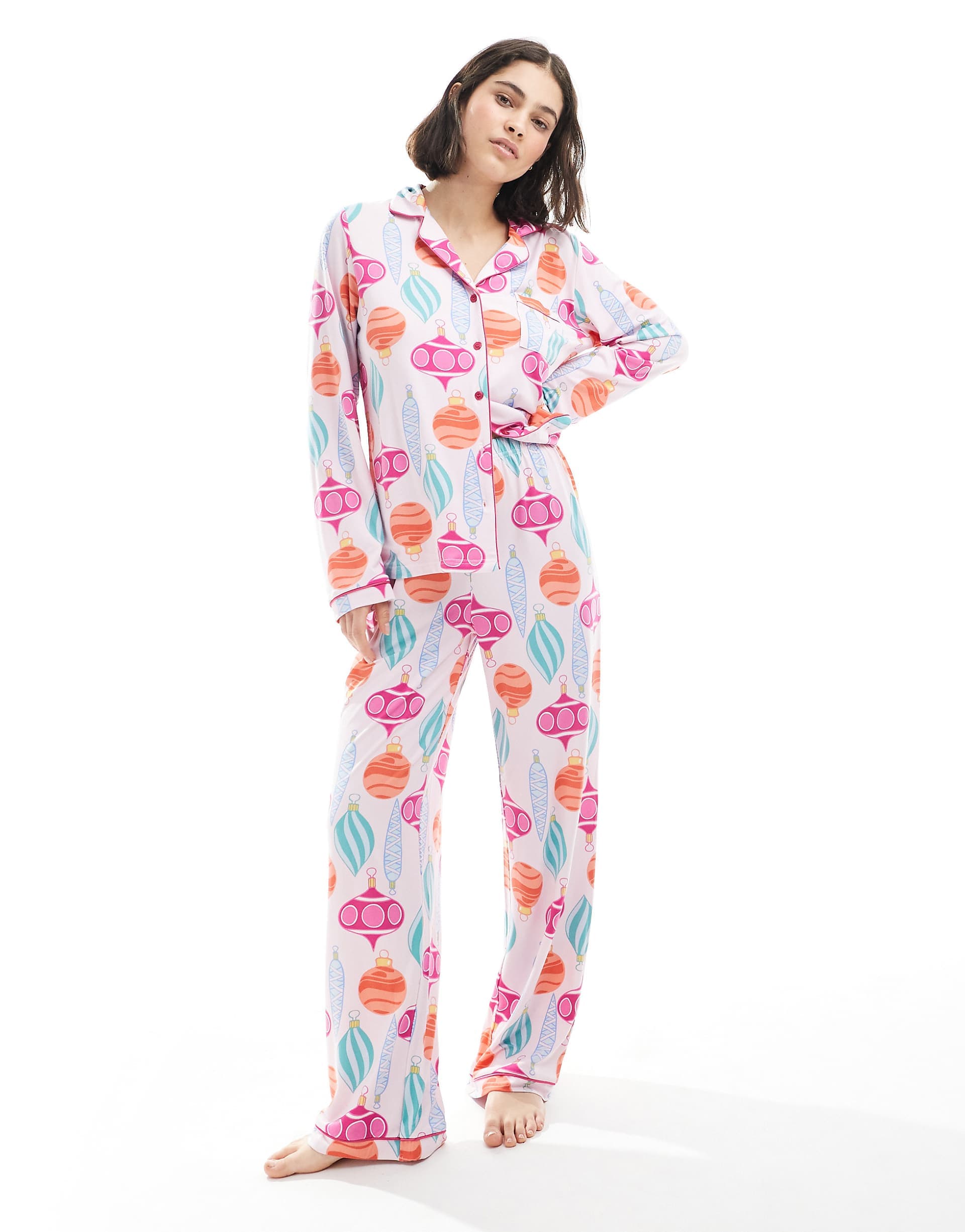 Loungeable Christmas super soft jersey revere top and wide leg pants pajama set in bauble print