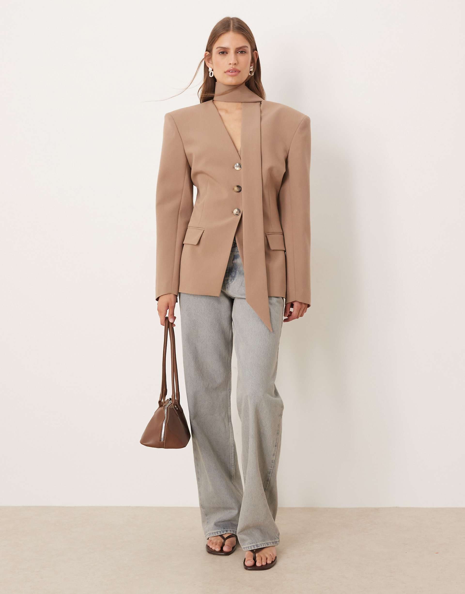 ASOS DESIGN cinch shoulder pad blazer with scarf in mocha - part of a set