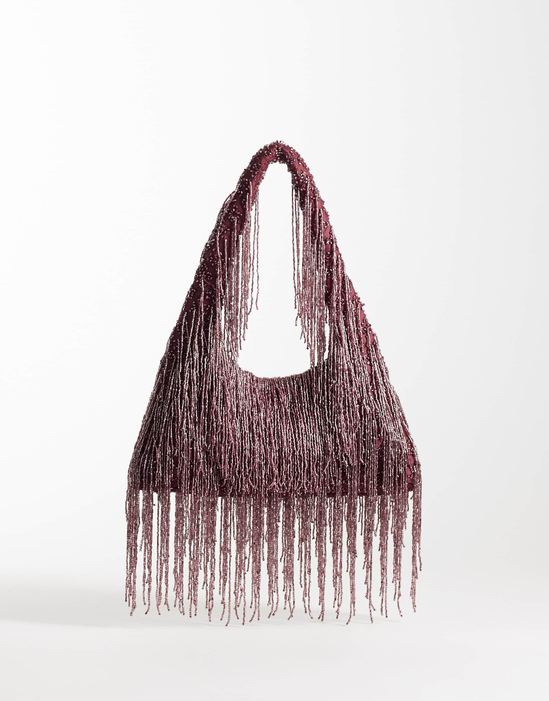 ASOS DESIGN Premium fringed embellished shoulder bag in burgundy