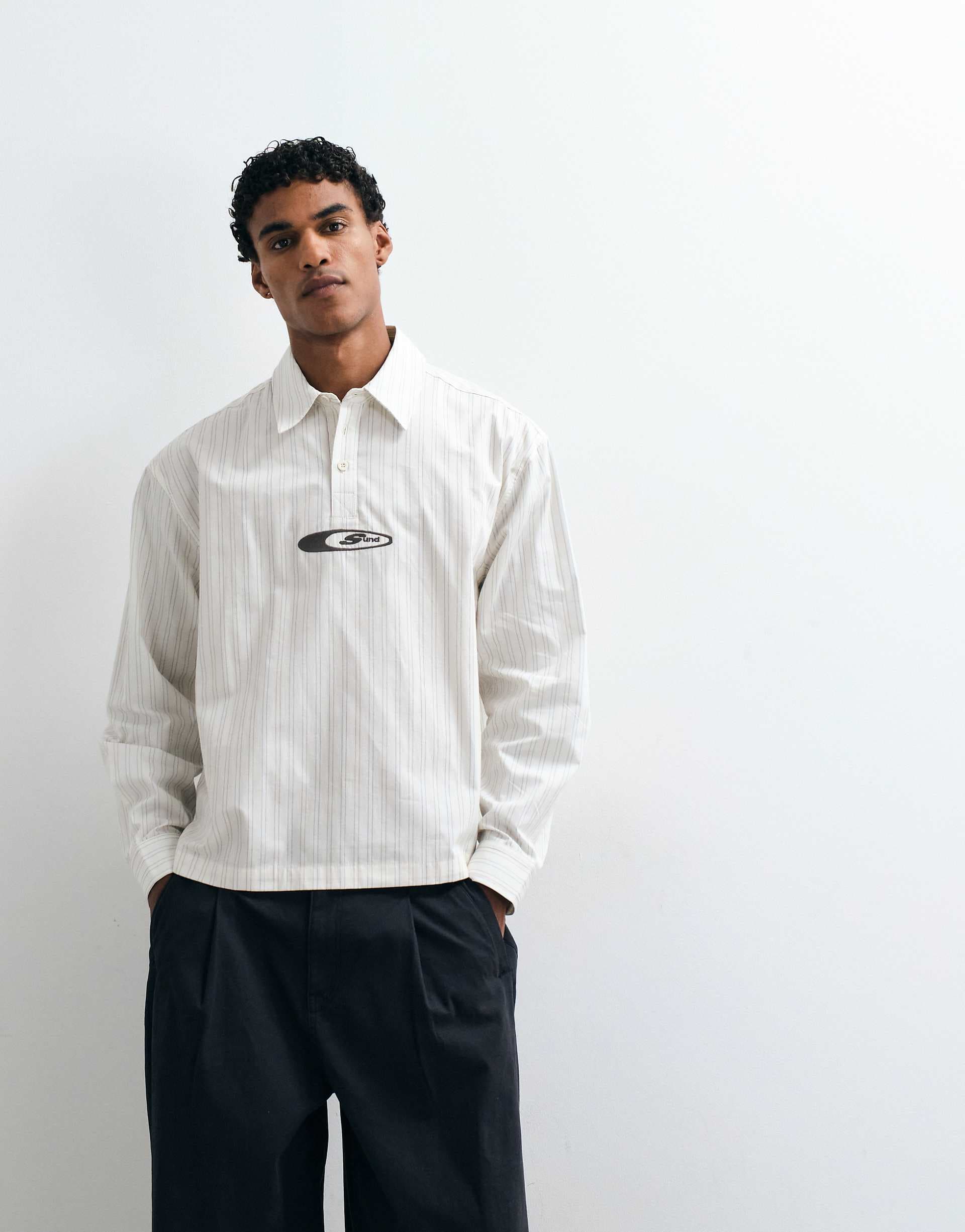 ASOS DESIGN boxy oversized poplin striped polo shirt with embroidery in beige