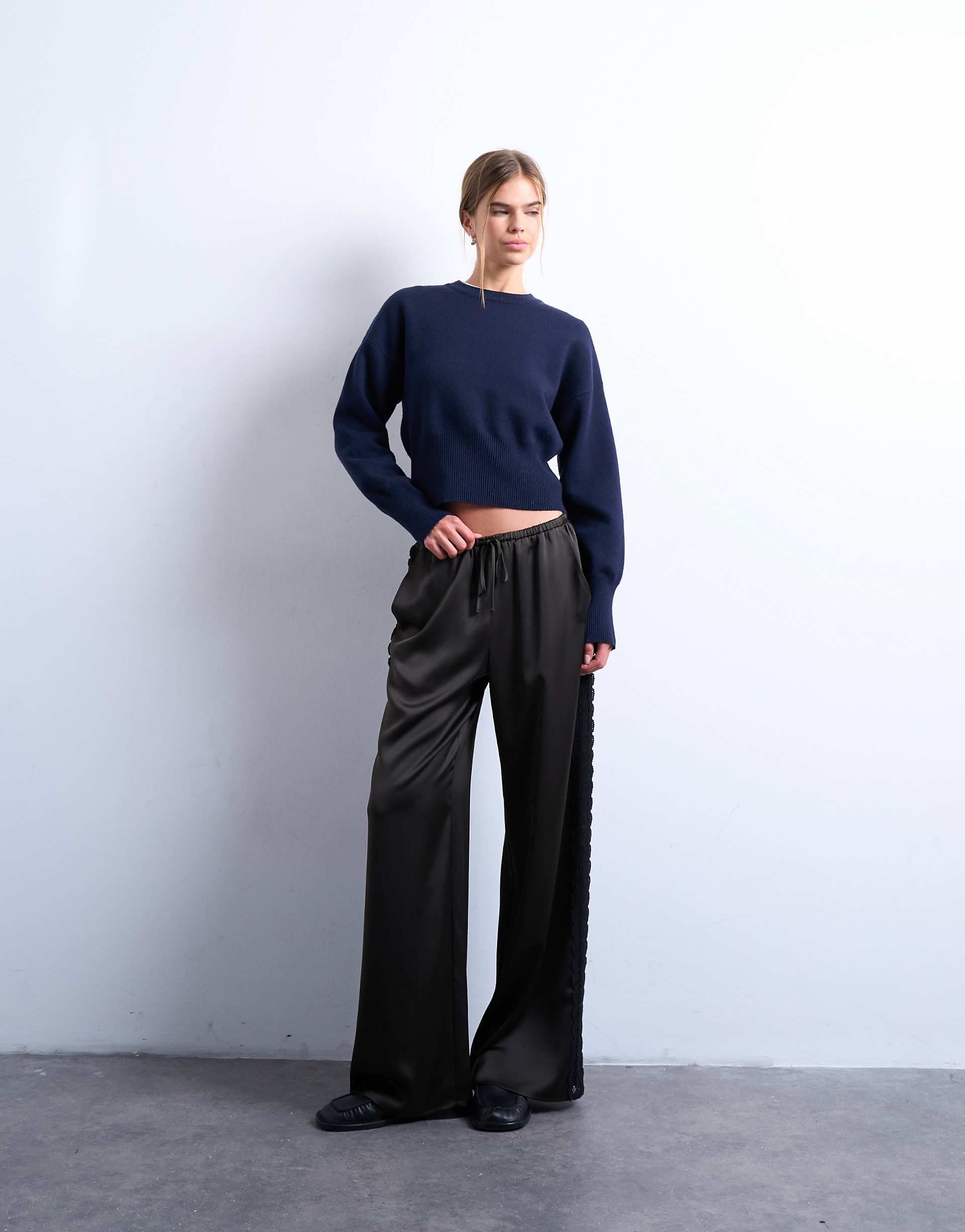 Topshop satin pants with lace inserts in brown