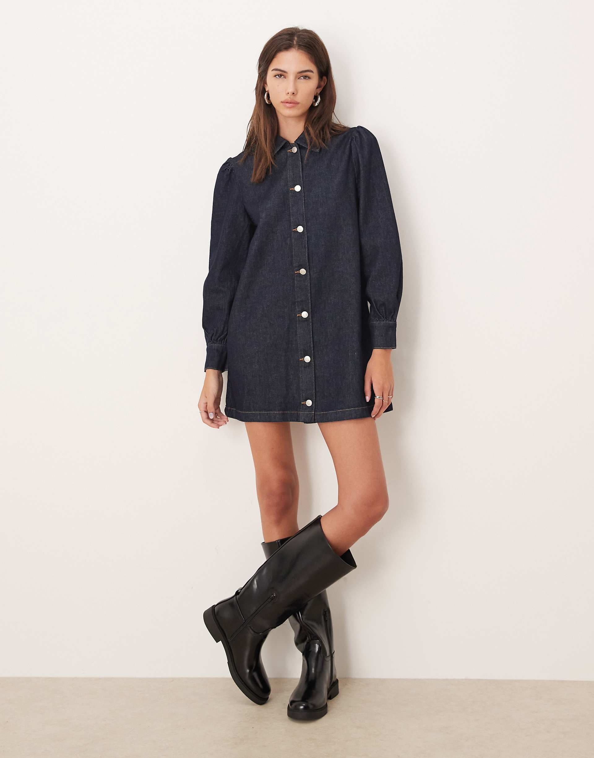 ASOS DESIGN denim 70s style puff sleeve mini dress in indigo