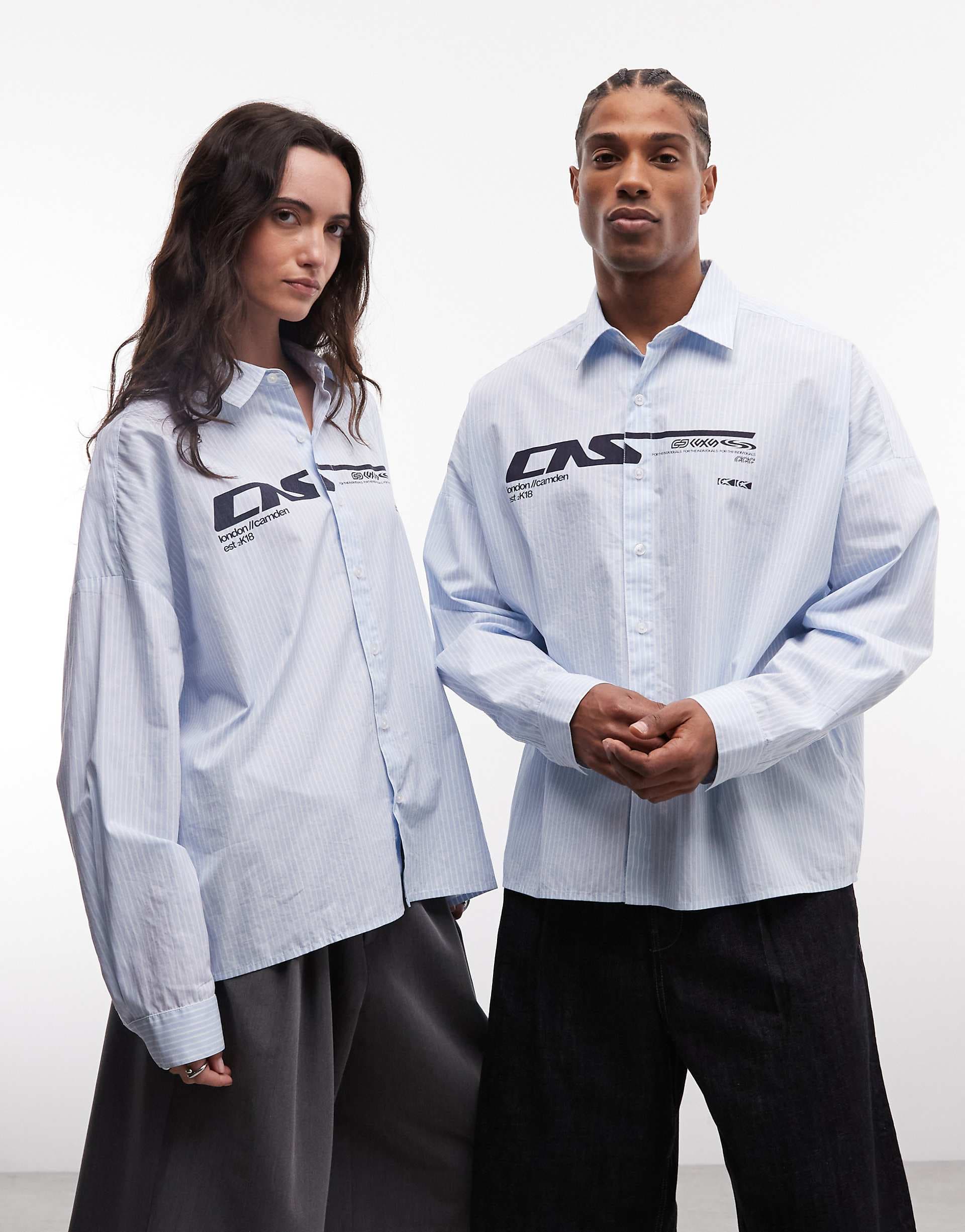 COLLUSION Unisex long sleeve boxy oversized graphic shirt in blue stripes
