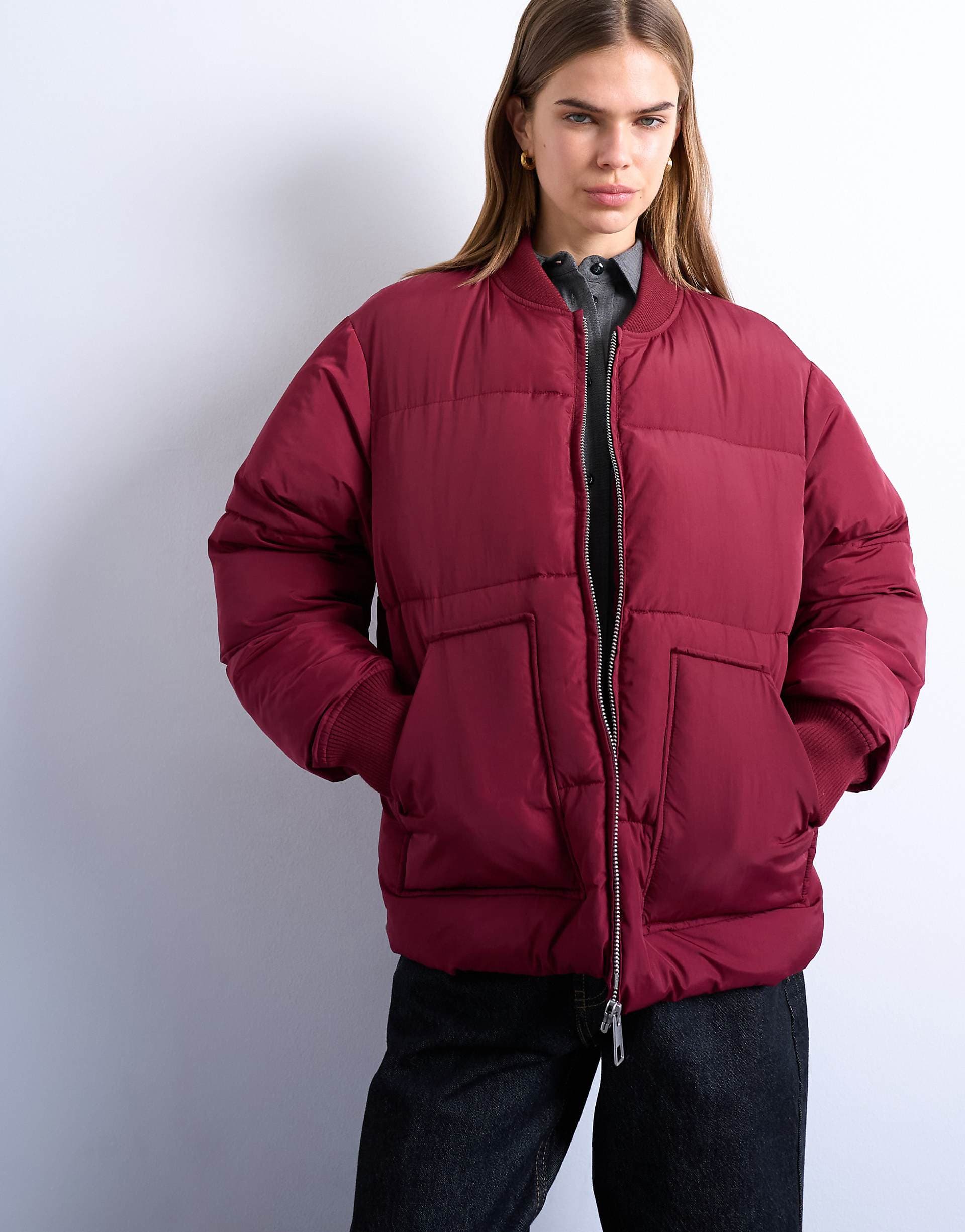 Topshop clean ribbed collar puffer jacket in burgundy