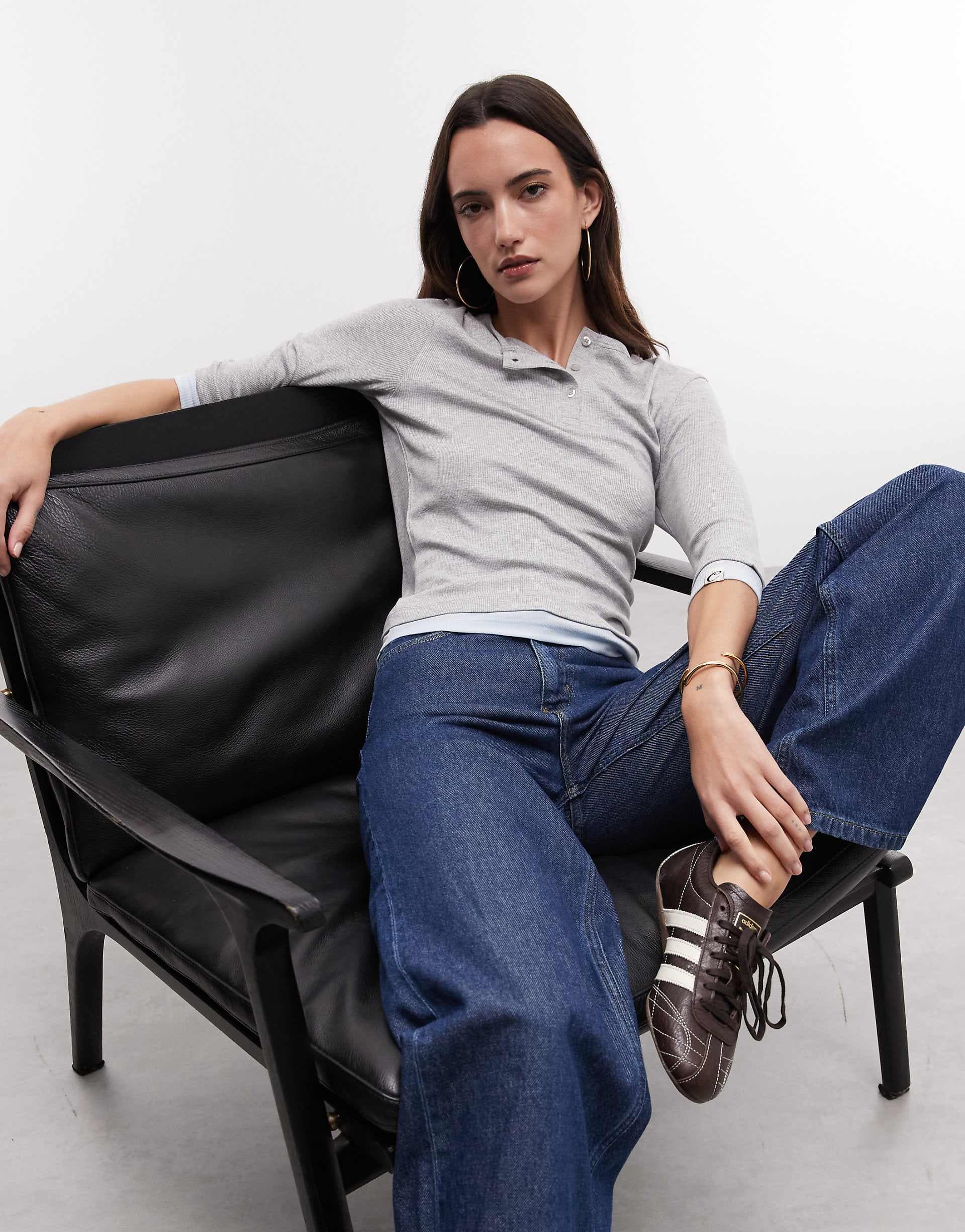 COLLUSION double layer henley top with 3/4 sleeves in heather gray