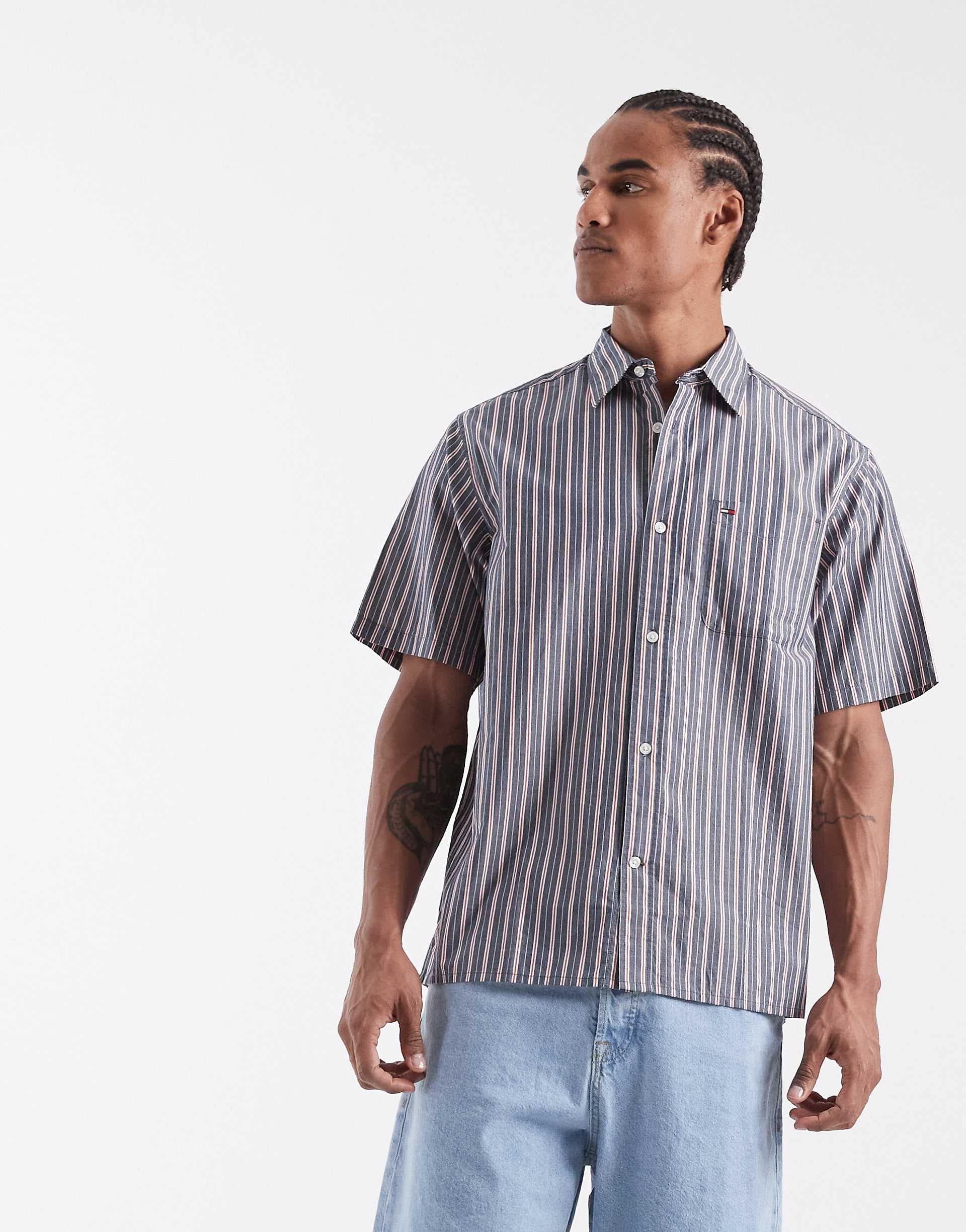 Tommy Jeans relaxed fit short sleeve shirt in navy stripes